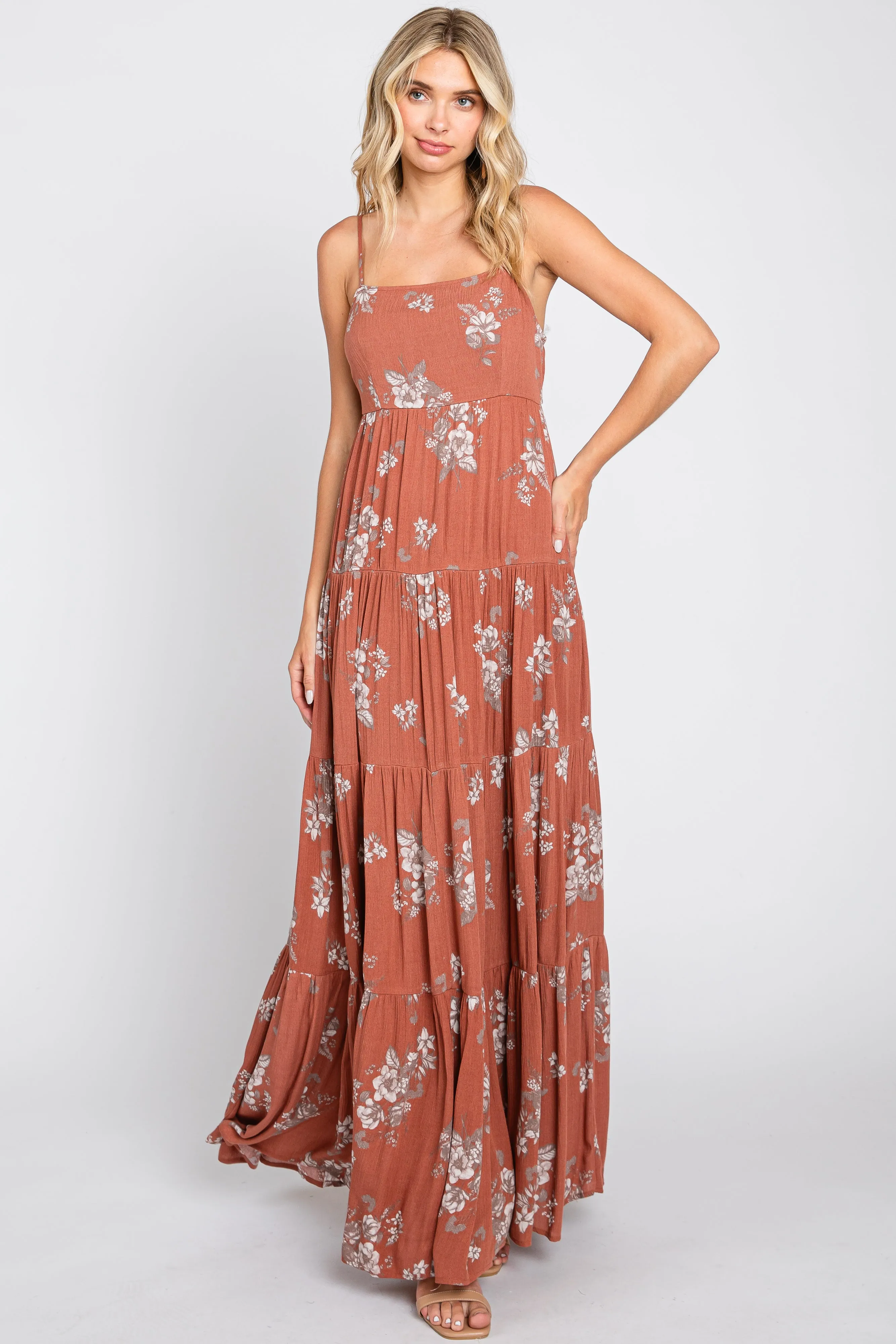 Rust Floral Square Neck Tiered Maxi Dress sold by Pinkblush