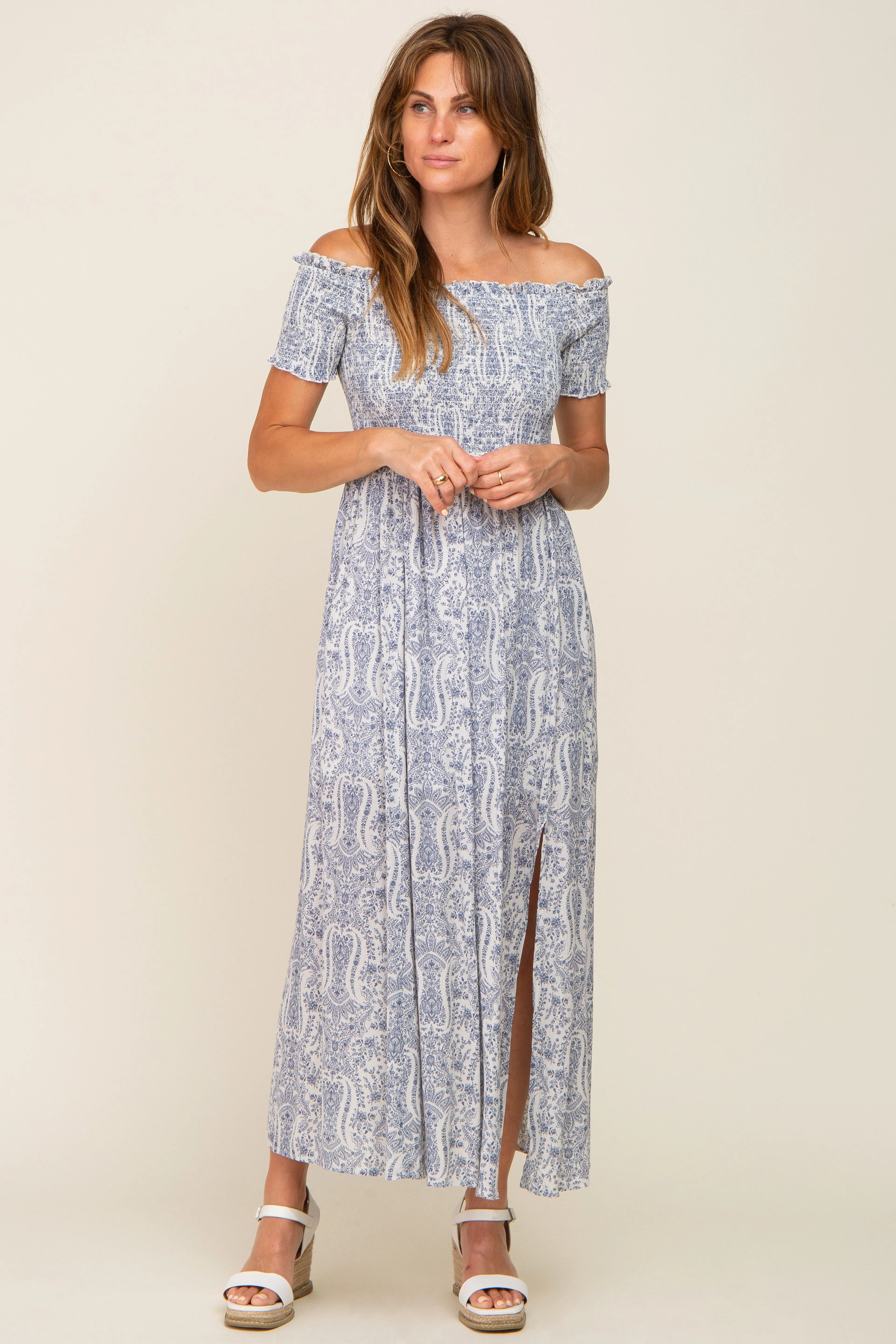 Light Blue Floral Off Shoulder Smocked Maxi Dress sold by Pinkblush product image thumbnail 4