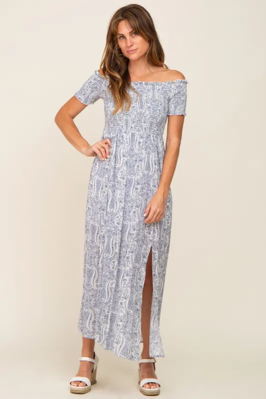 Light Blue Floral Off Shoulder Smocked Maxi Dress sold by Pinkblush