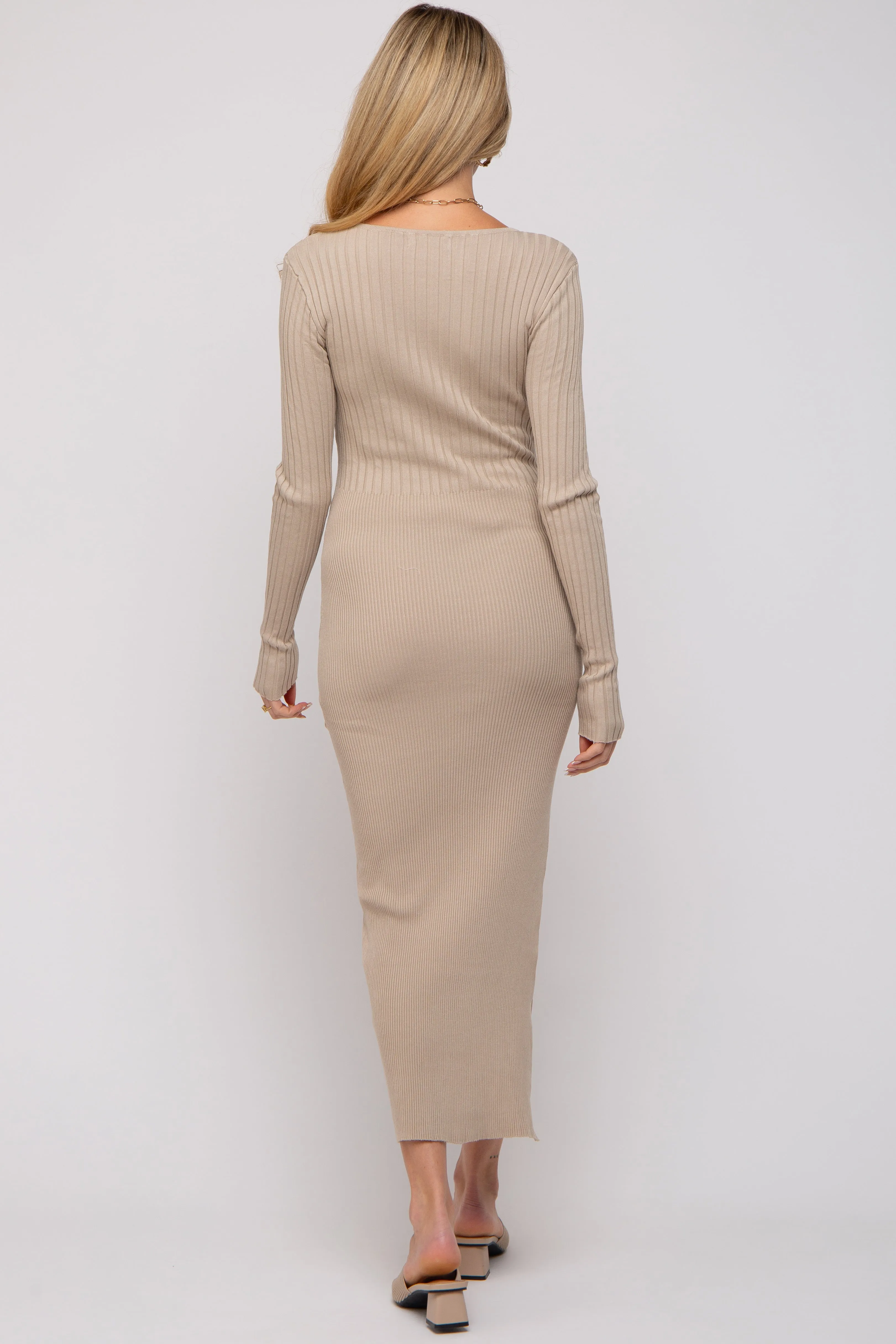 Beige Ribbed Fitted Long Sleeve Maternity Maxi Dress sold by Pinkblush product image thumbnail 3
