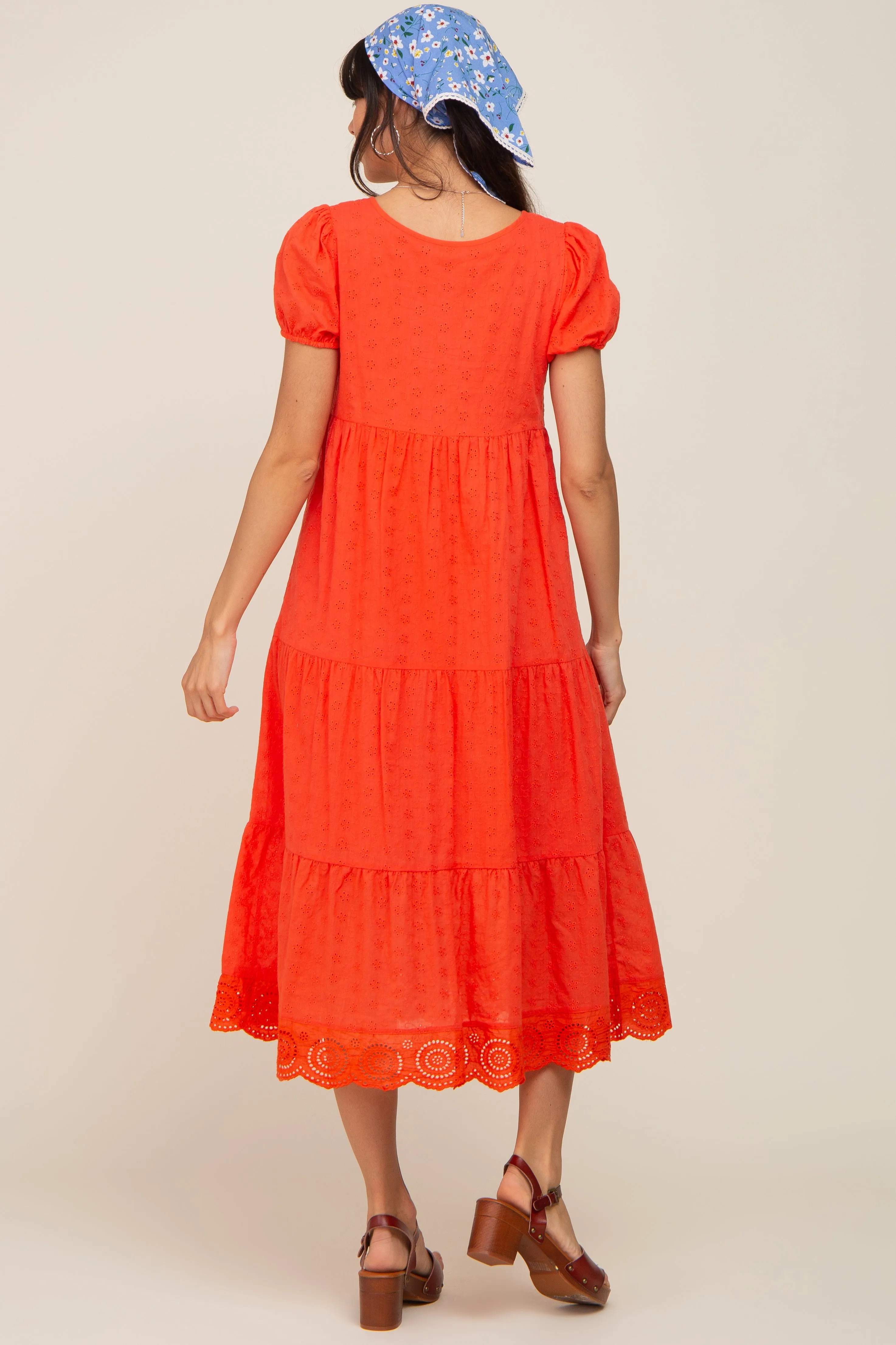 Coral Eyelet Button Front Tiered Scalloped Hem Midi Dress sold by Pinkblush product image thumbnail 3