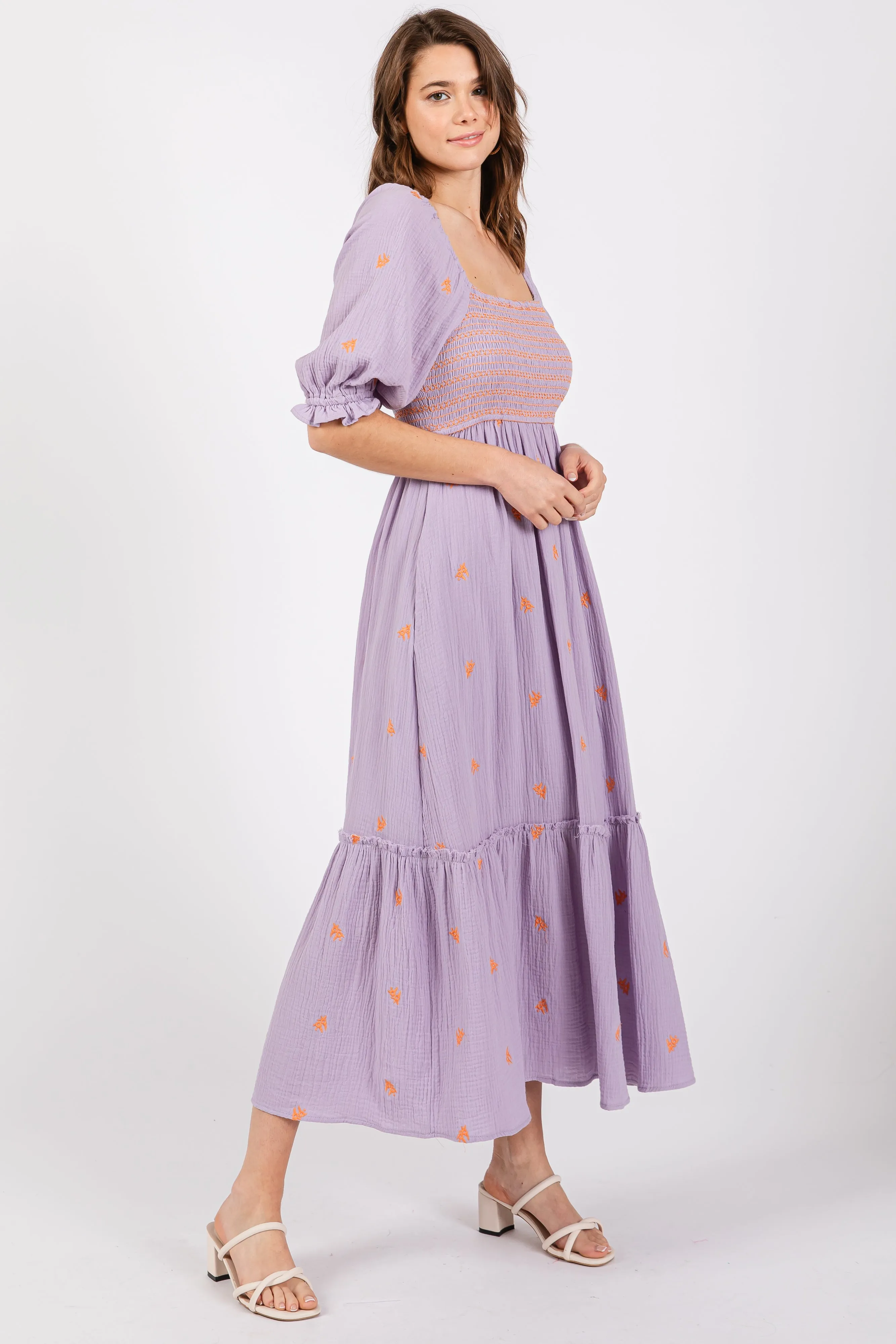 Lavender Gauze Smocked Embroidered Square Neck Midi Dress sold by Pinkblush product image thumbnail 2