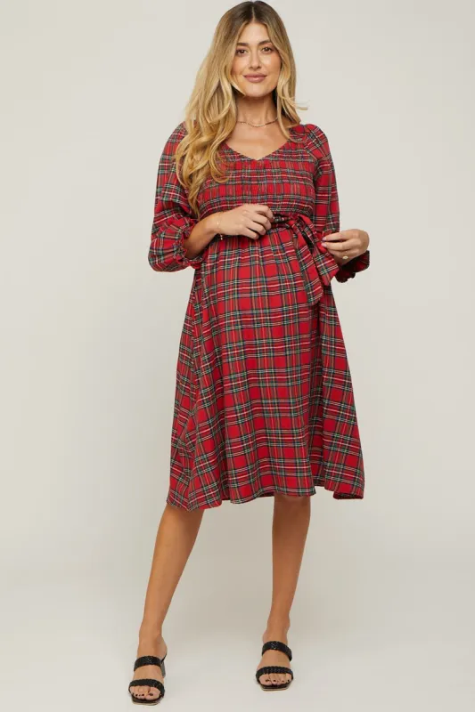 Red Plaid Smocked A-Line Maternity Midi Dress sold by Pinkblush