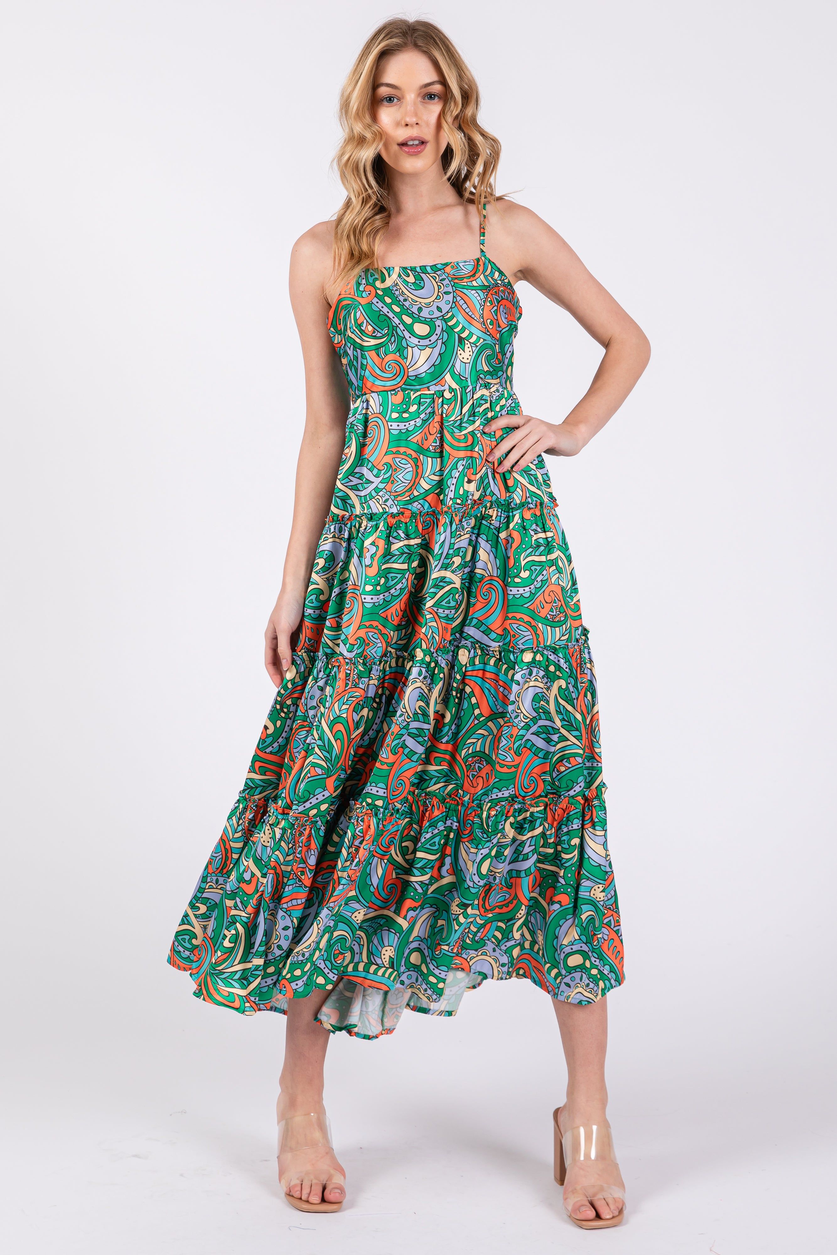 Green Satin Square Neck Ruffle Tiered Midi Dress sold by Pinkblush