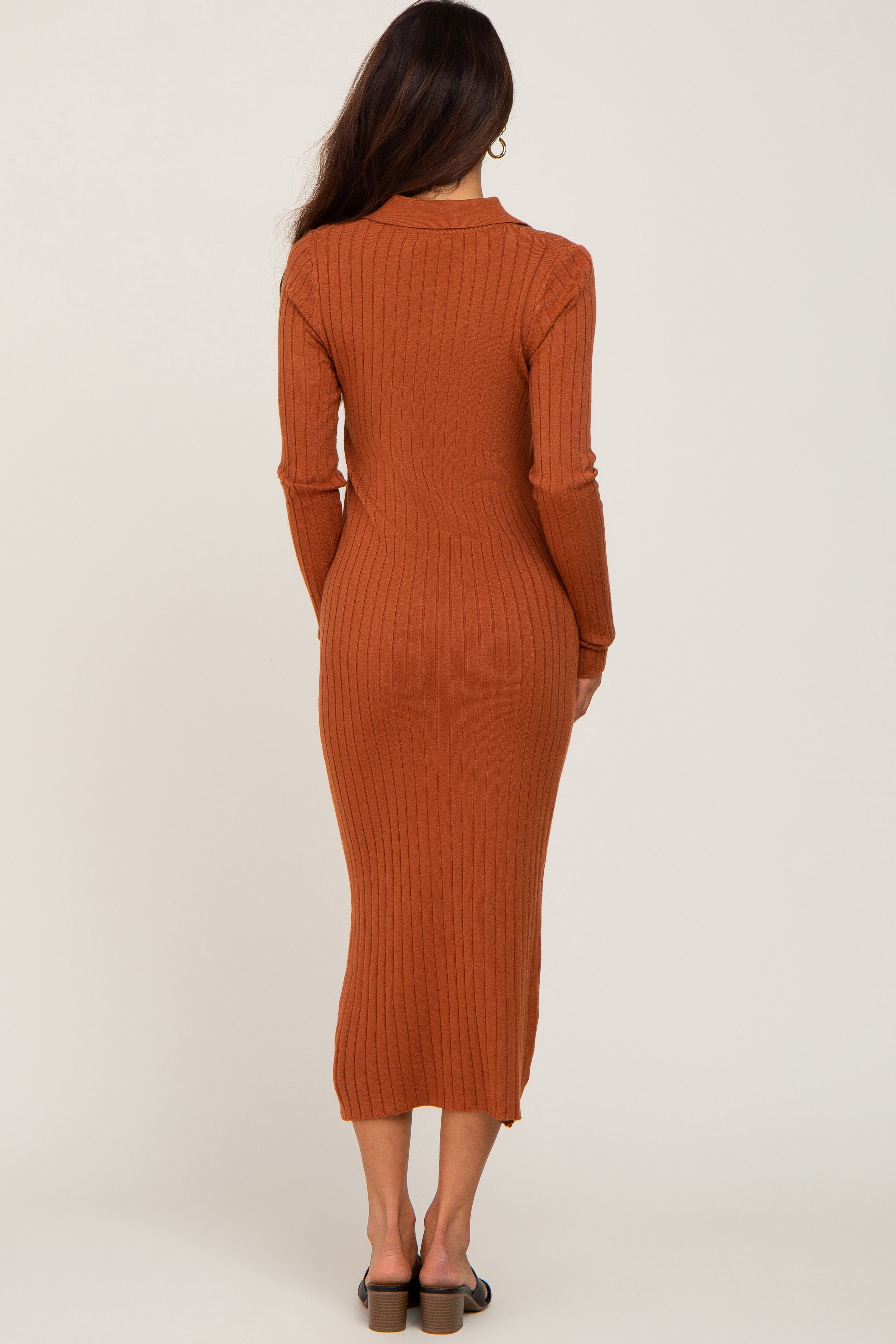 Rust Ribbed Knit Long Sleeve Collared Midi Dress sold by Pinkblush product image thumbnail 3
