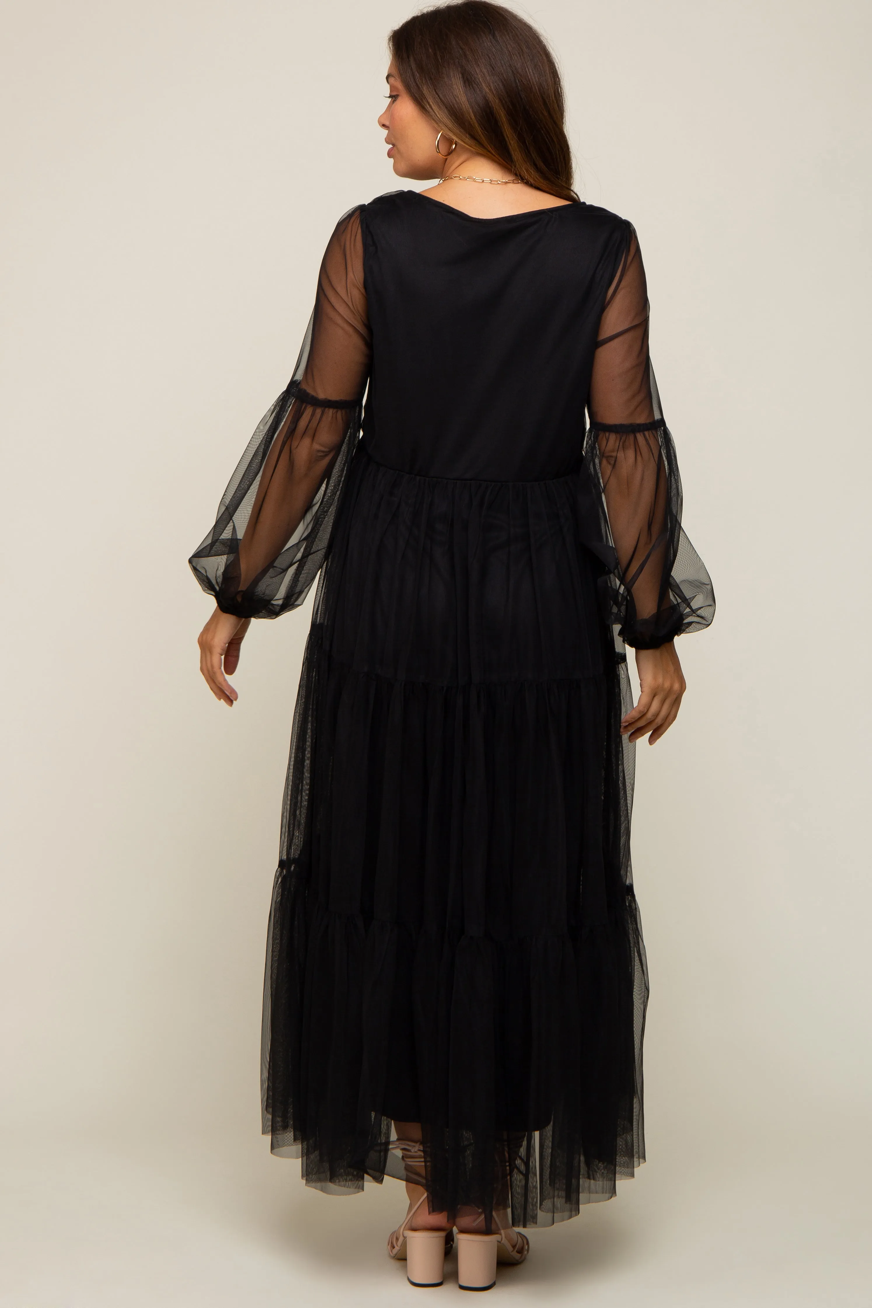 Black Mesh Overlay Tiered Maternity Maxi Dress sold by Pinkblush product image thumbnail 4