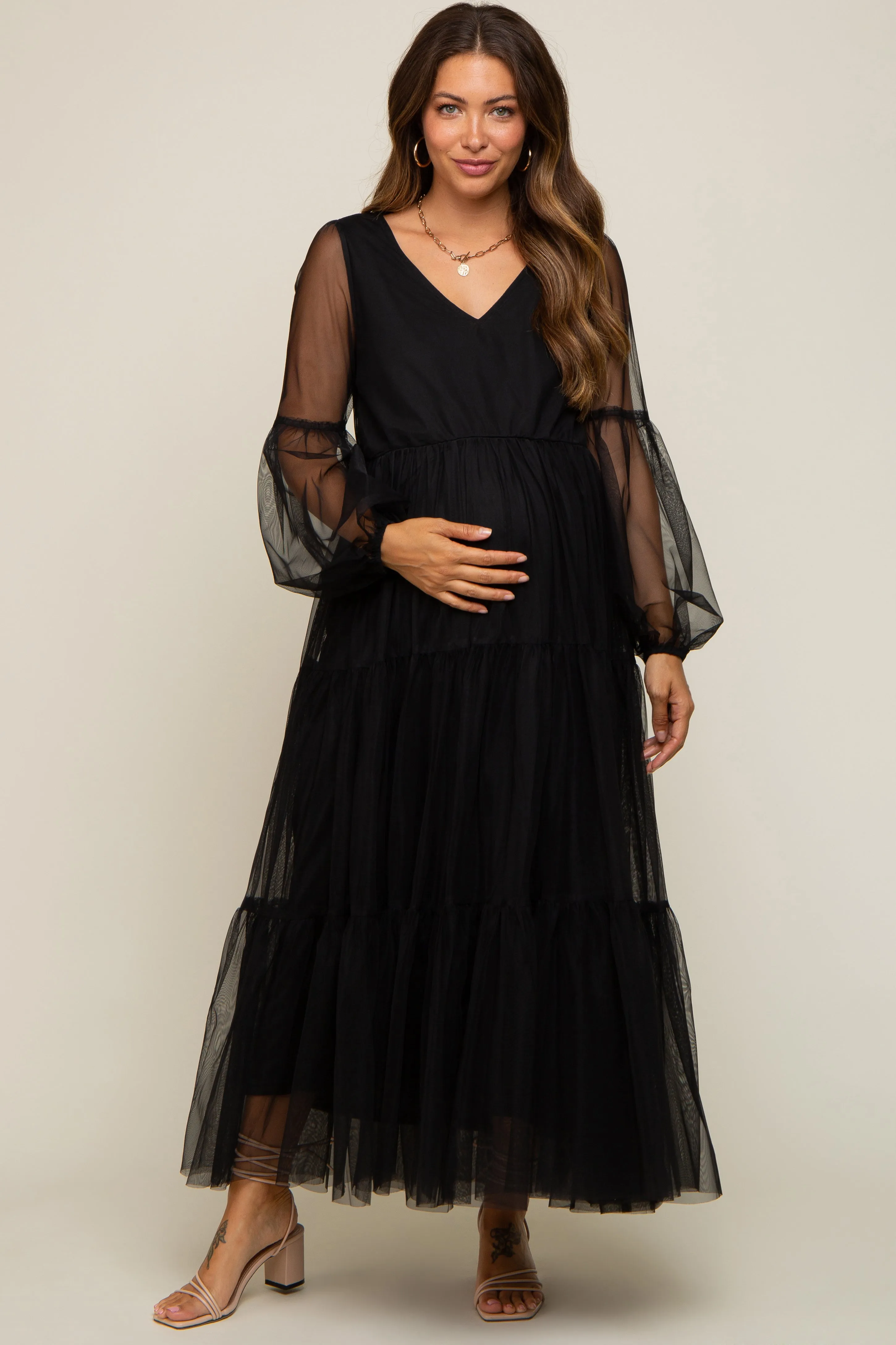 Black Mesh Overlay Tiered Maternity Maxi Dress sold by Pinkblush