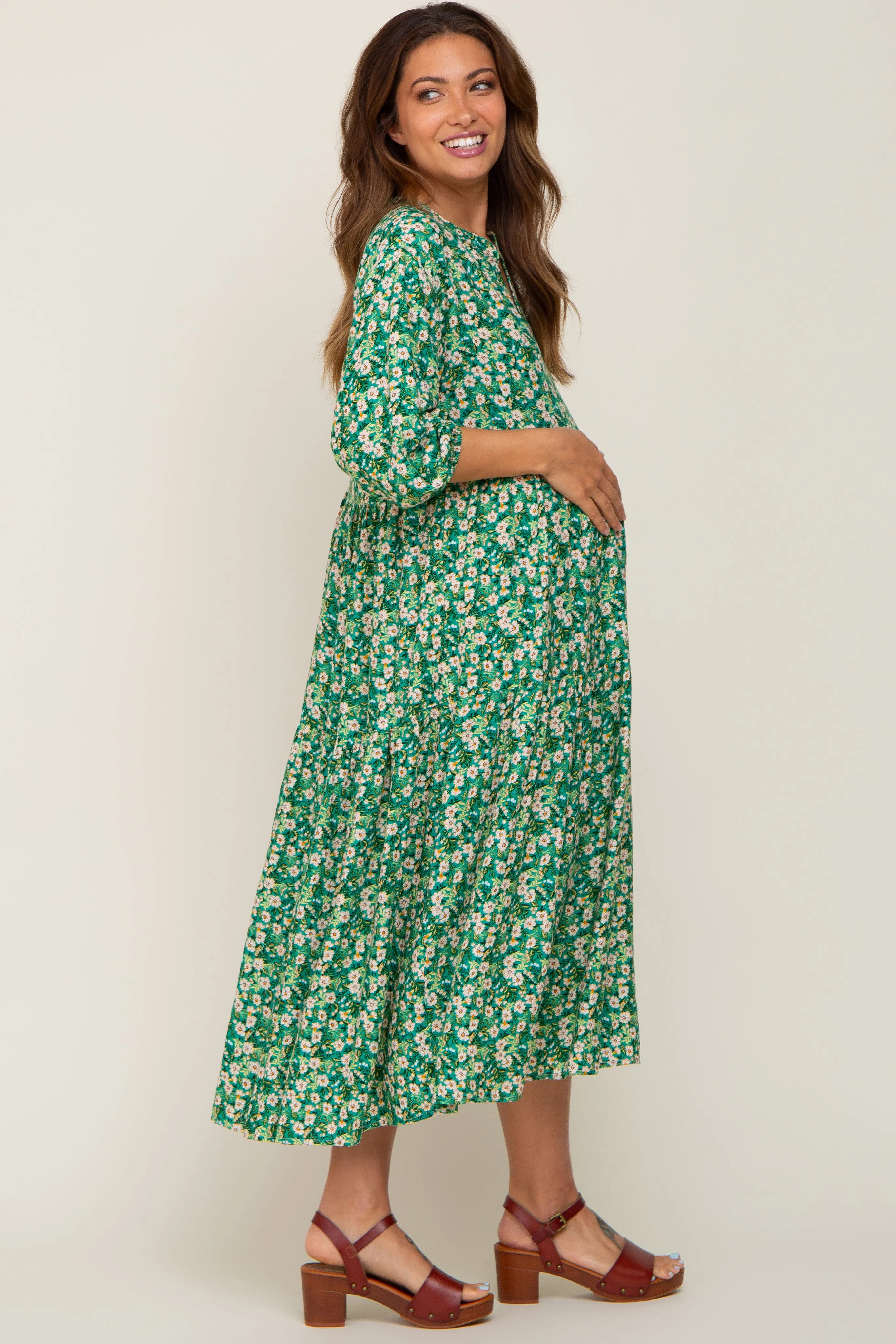 Green Floral V-Neck Tiered Maternity Midi Dress sold by Pinkblush product image thumbnail 3