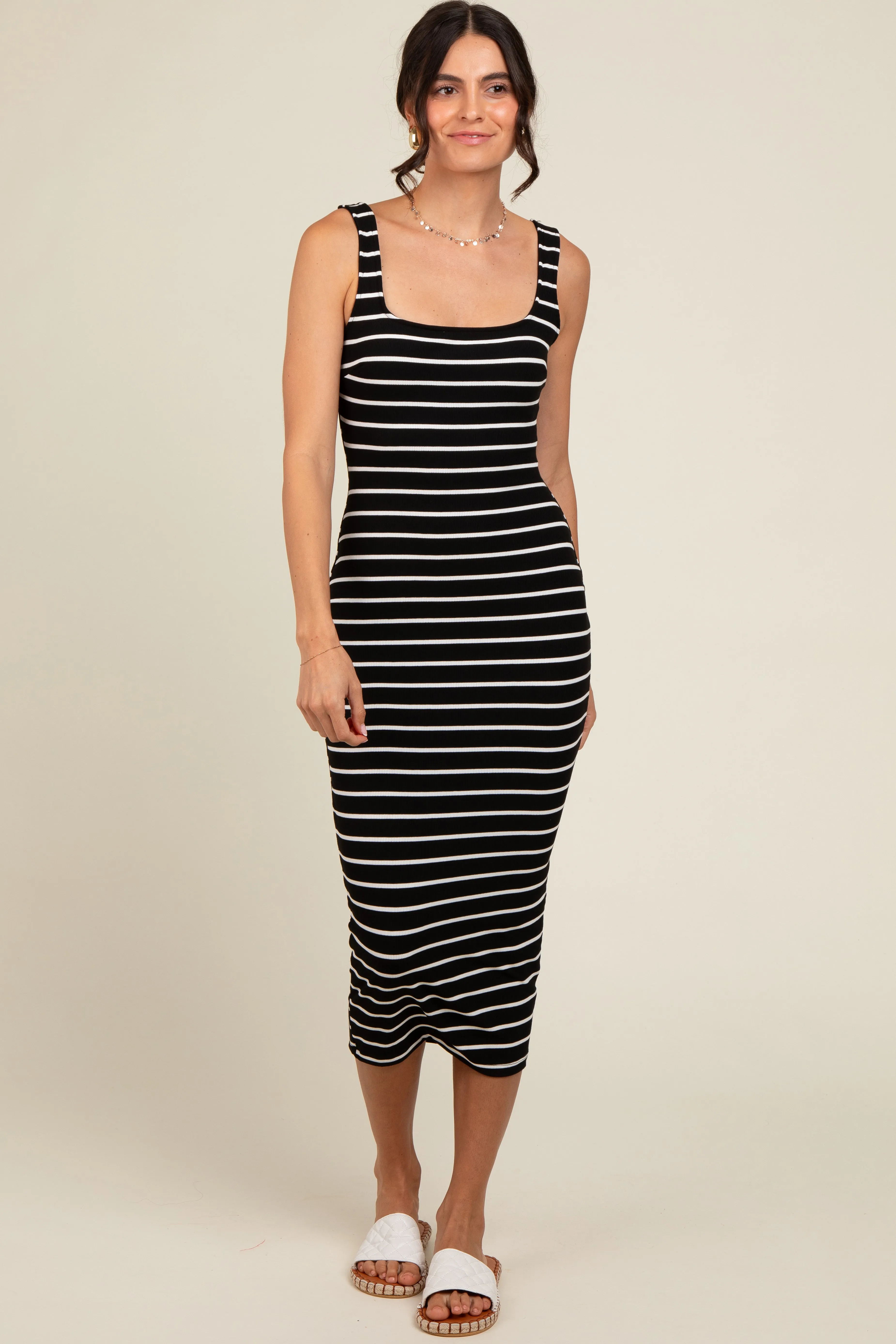 Black Striped Fitted Square Neck Midi Dress sold by Pinkblush