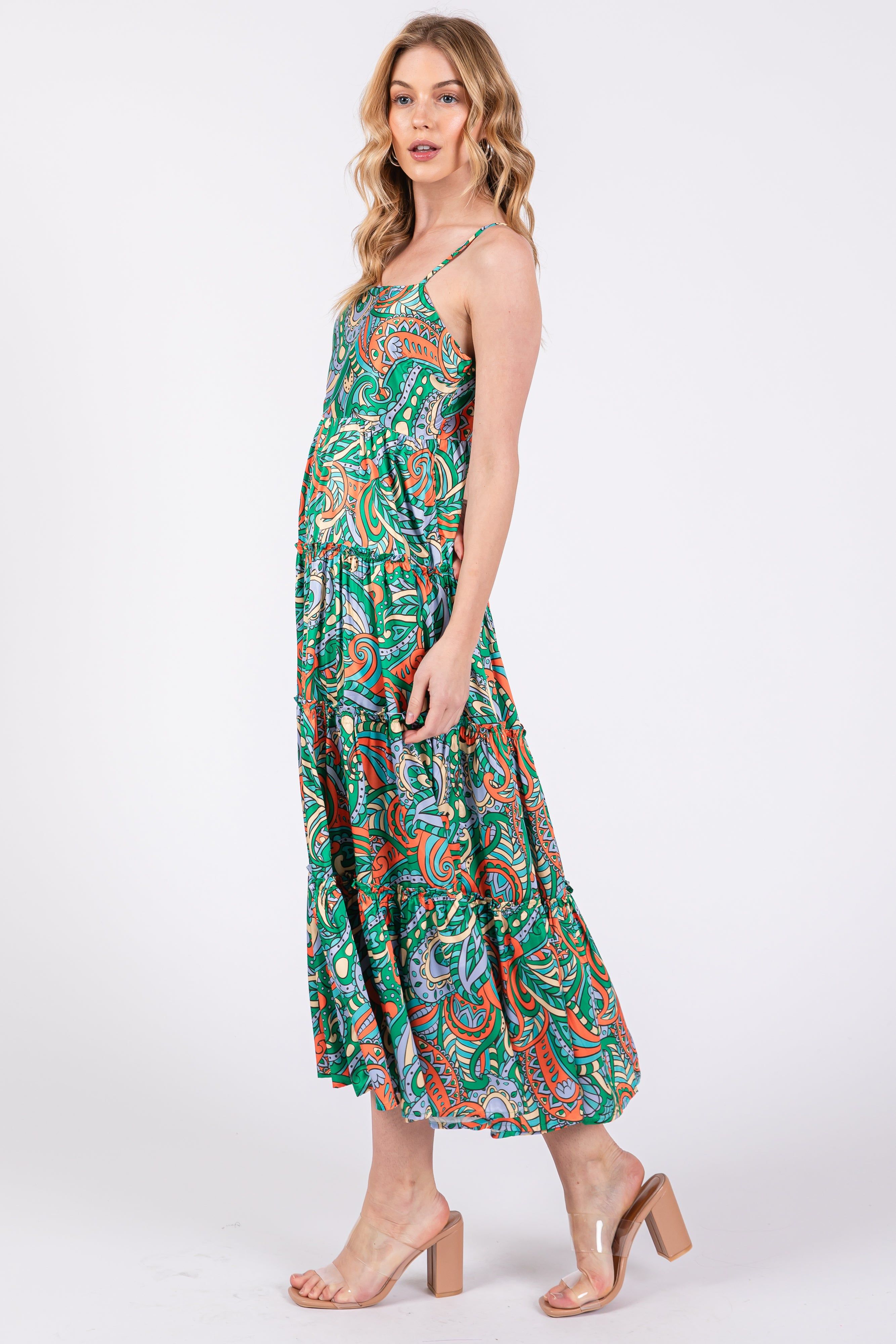 Green Satin Square Neck Ruffle Tiered Midi Dress sold by Pinkblush product image thumbnail 2