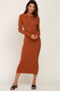 Rust Ribbed Knit Long Sleeve Collared Midi Dress sold by Pinkblush