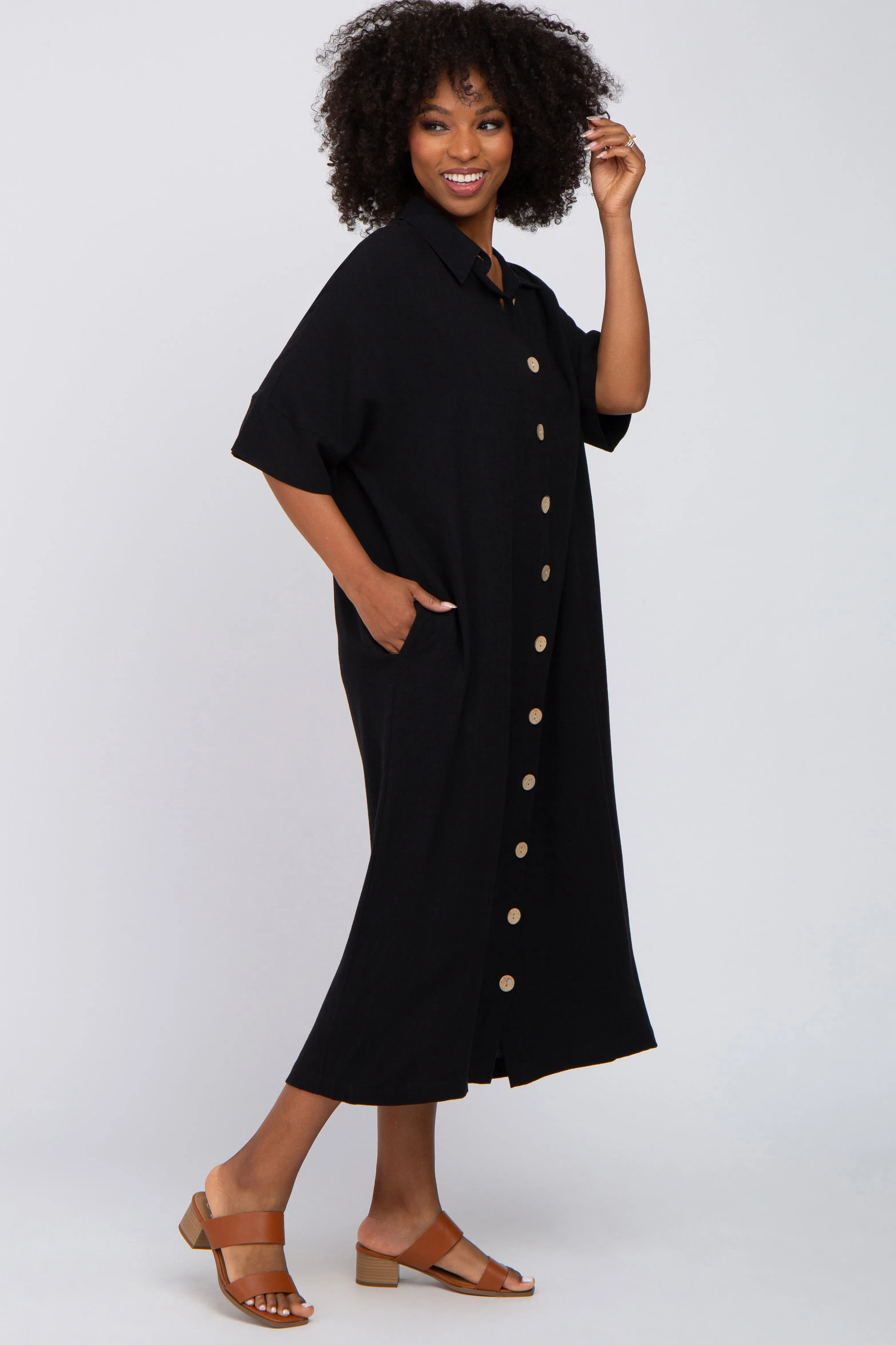 Black Oversized Button Down Midi Dress sold by Pinkblush product image thumbnail 2