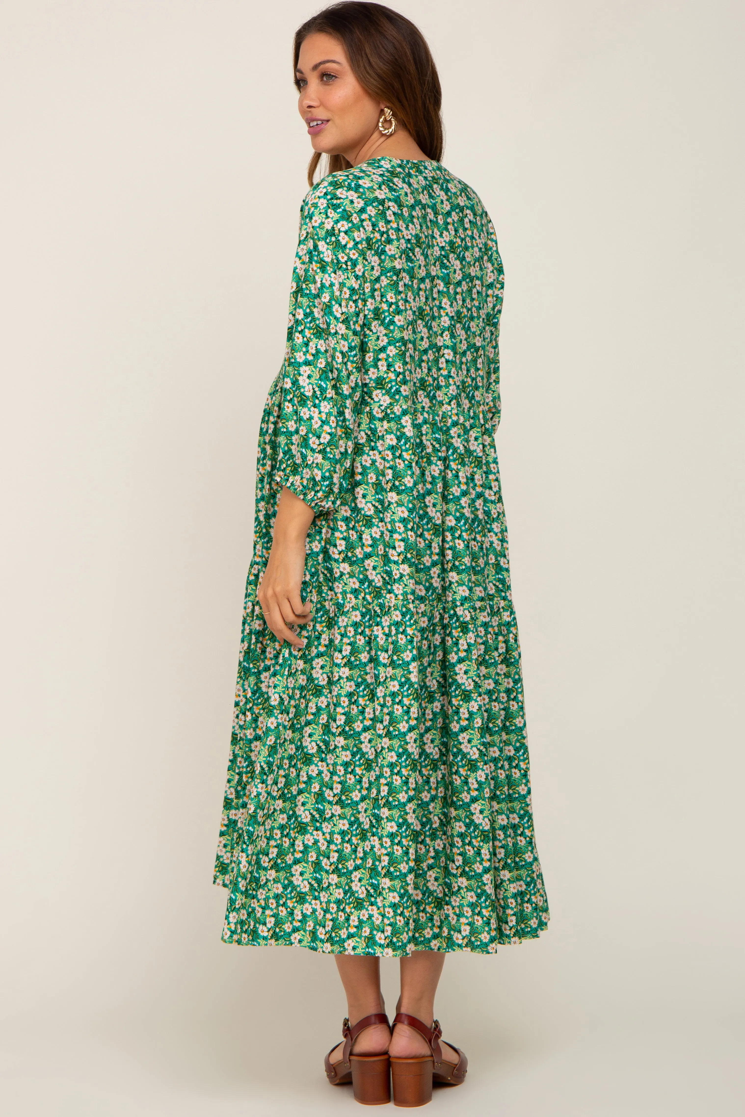 Green Floral V-Neck Tiered Maternity Midi Dress sold by Pinkblush product image thumbnail 4
