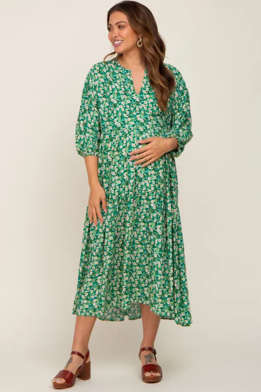 Green Floral V-Neck Tiered Maternity Midi Dress sold by Pinkblush