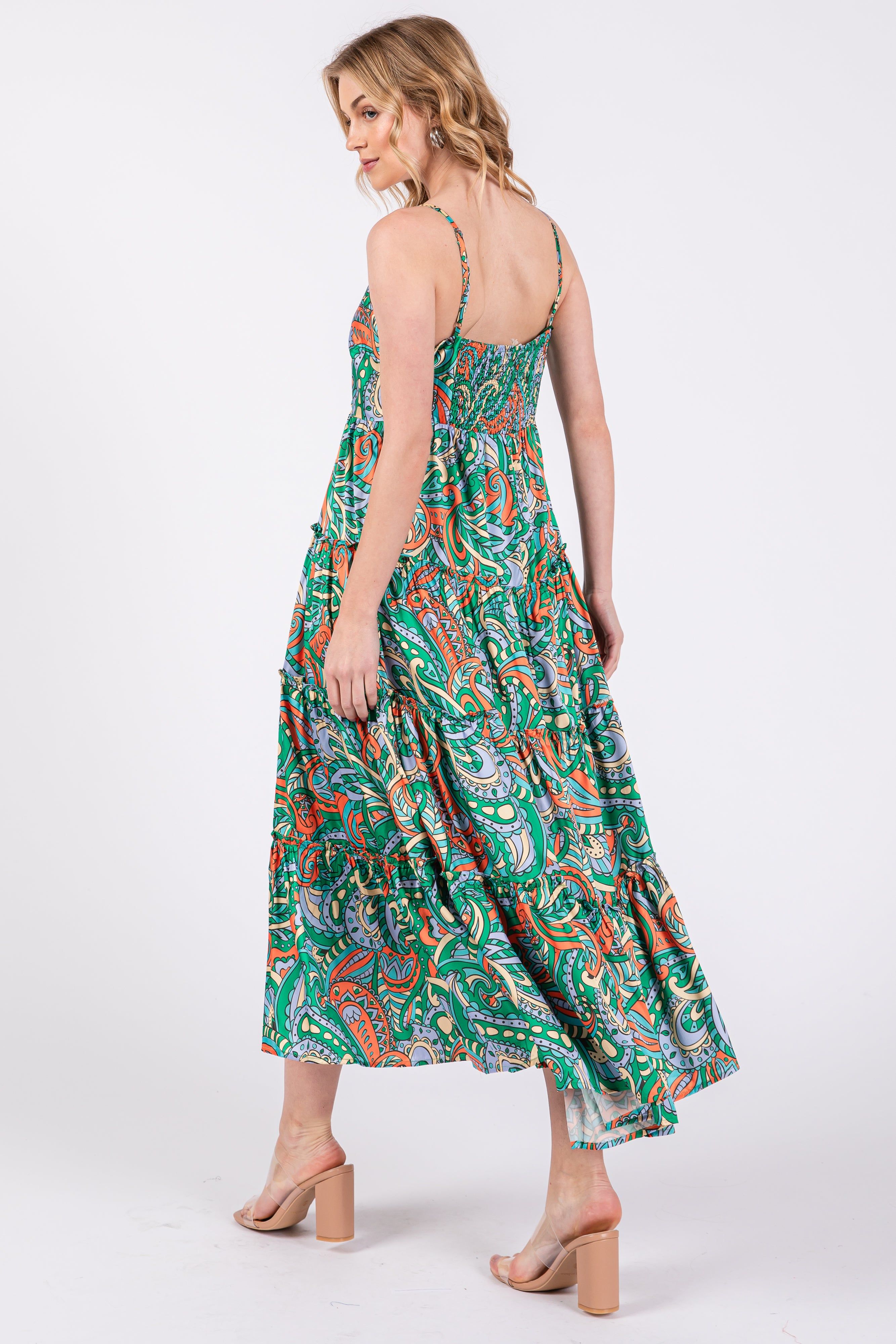 Green Satin Square Neck Ruffle Tiered Midi Dress sold by Pinkblush product image thumbnail 3