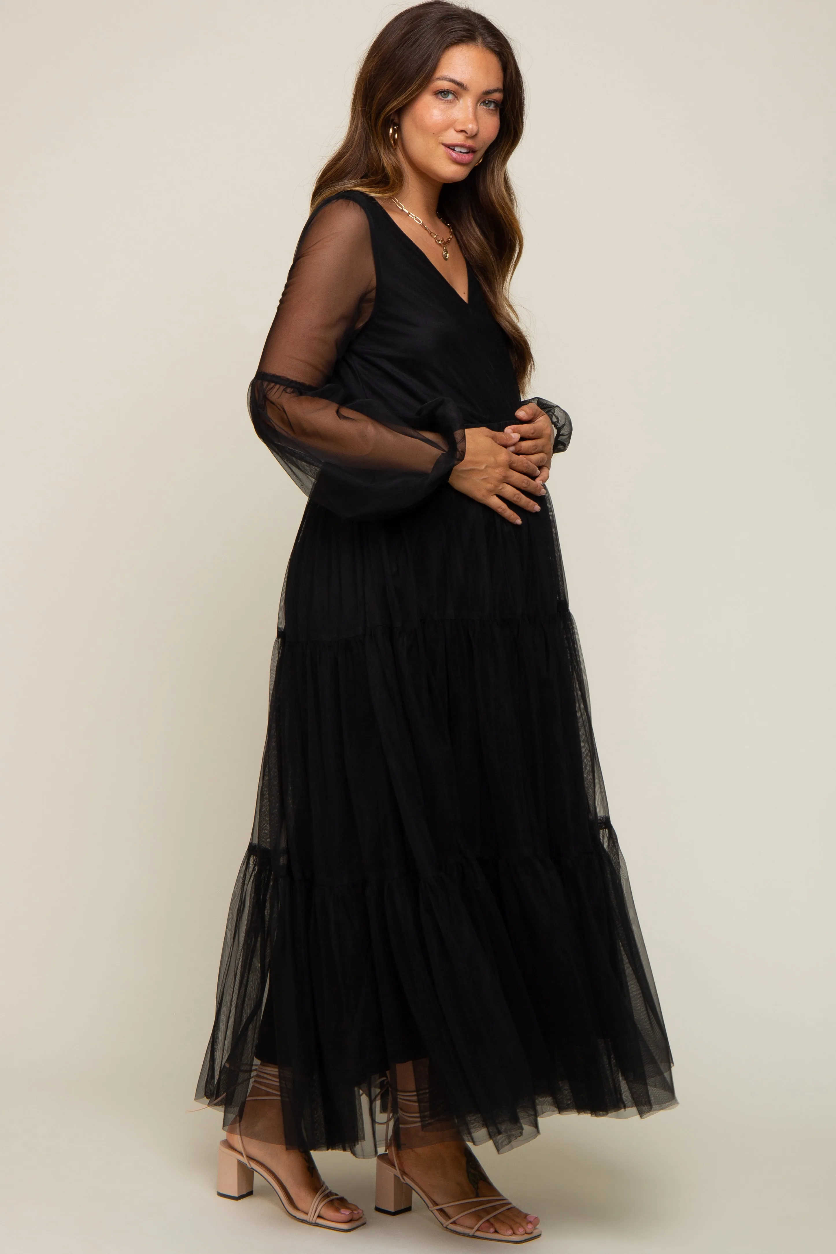 Black Mesh Overlay Tiered Maternity Maxi Dress sold by Pinkblush product image thumbnail 3
