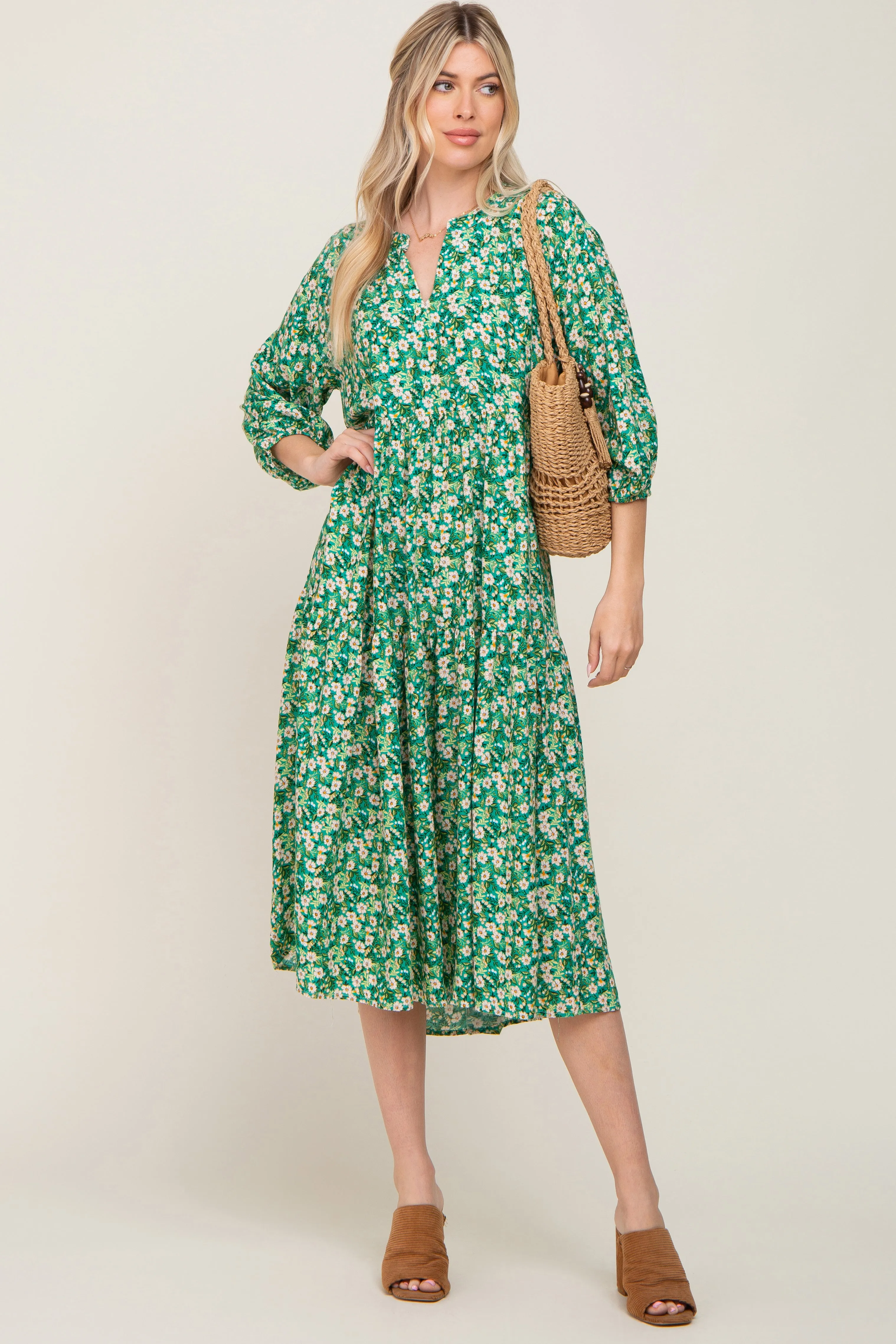 Green Floral V-Neck Tiered Maternity Midi Dress sold by Pinkblush product image thumbnail 5