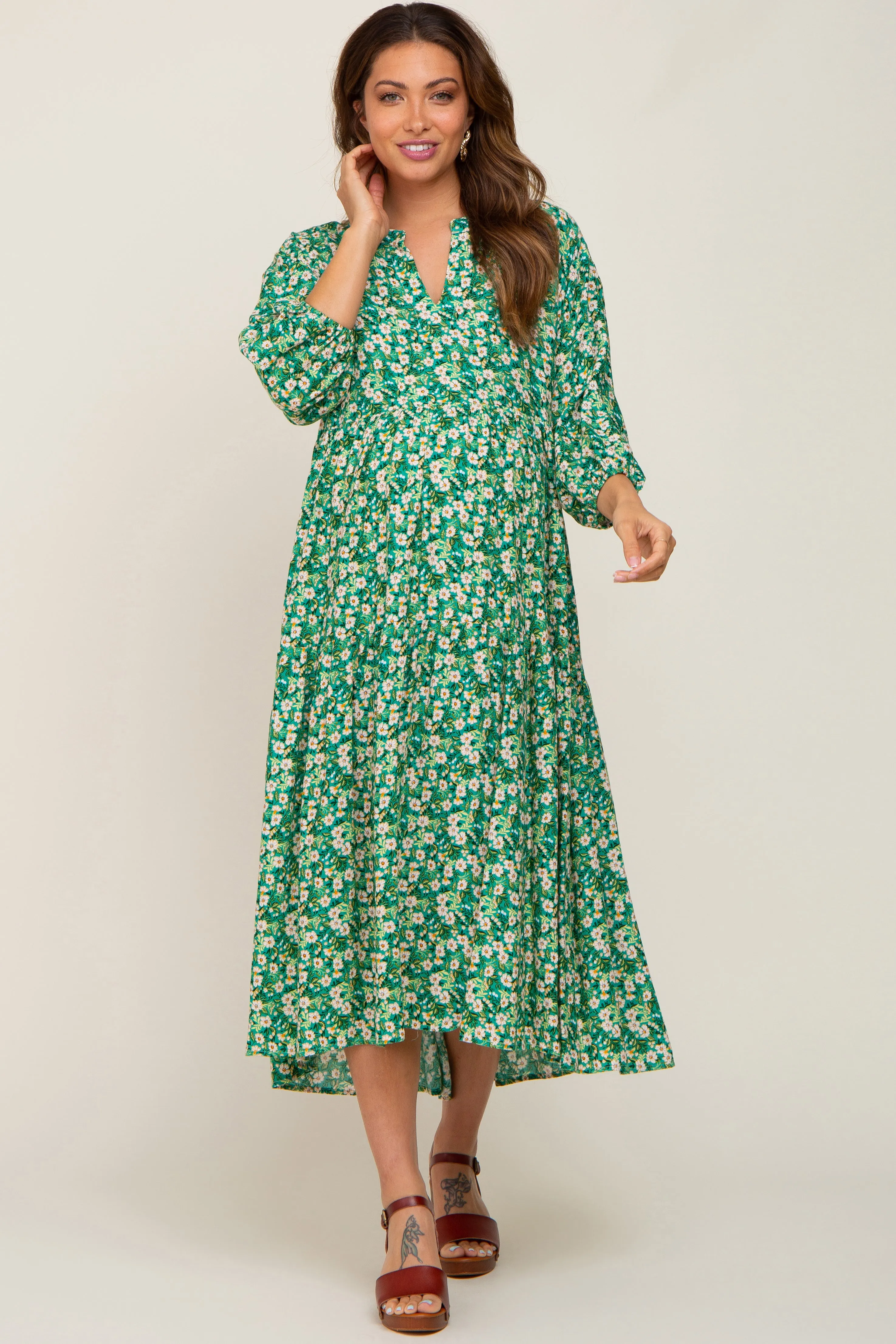 Green Floral V-Neck Tiered Maternity Midi Dress sold by Pinkblush product image thumbnail 2