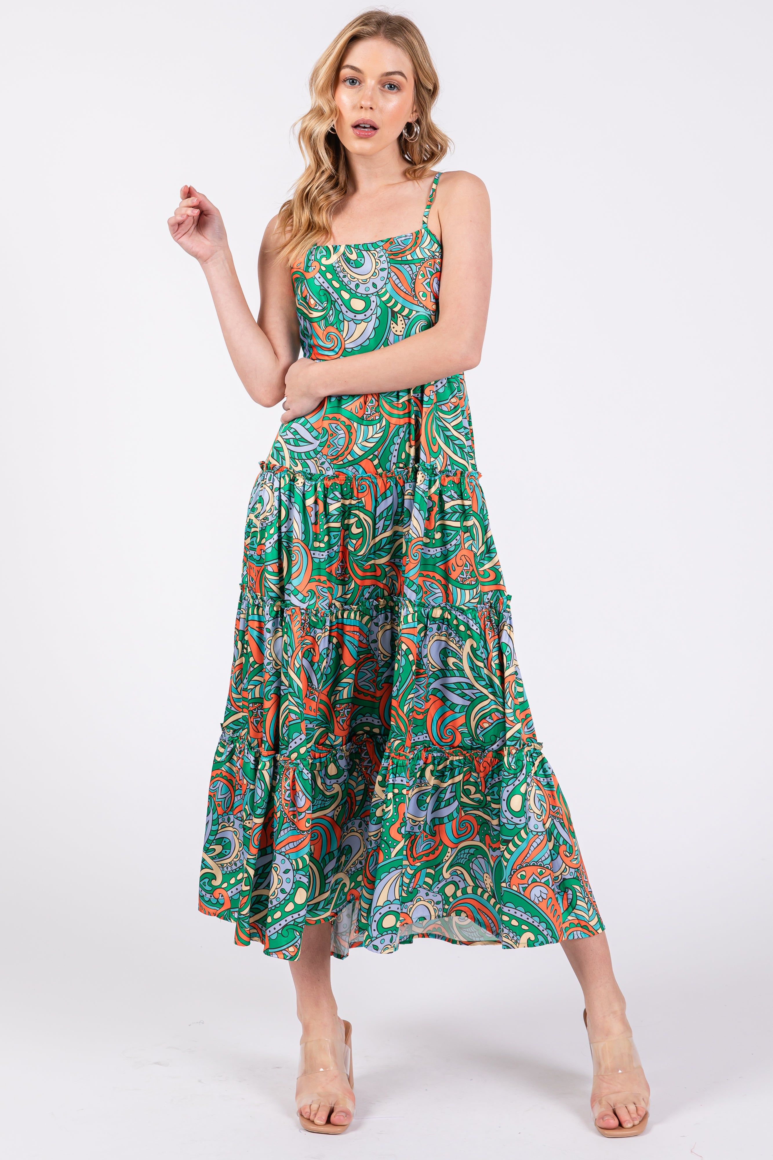 Green Satin Square Neck Ruffle Tiered Midi Dress sold by Pinkblush product image thumbnail 4