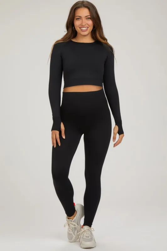 Black Cropped Long Sleeve Maternity Active Set sold by Pinkblush
