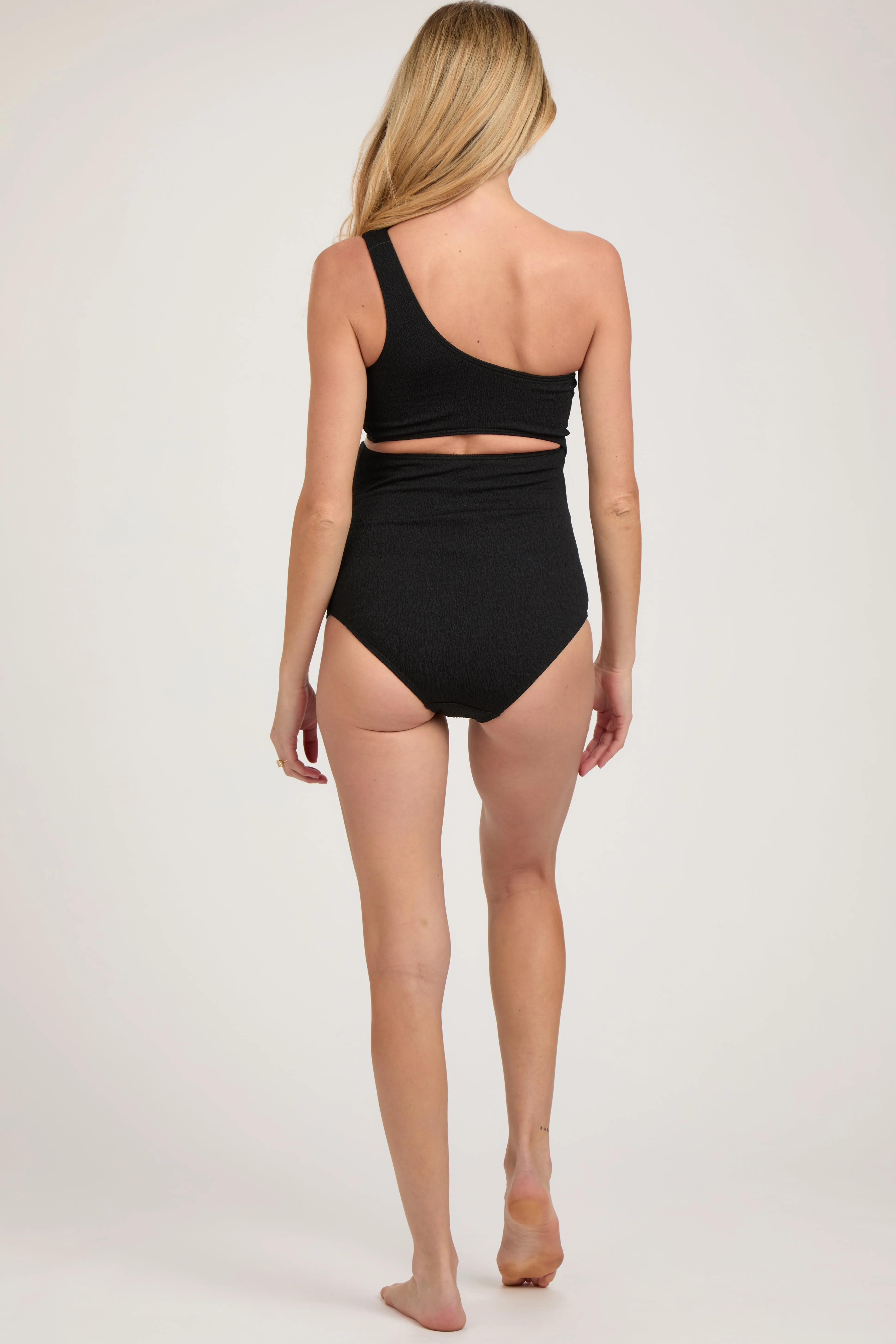 Black Asymmetrical One Shoulder Side Cutout One-Piece Maternity Swimsuit sold by Pinkblush product image thumbnail 4