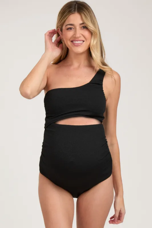 Black Asymmetrical One Shoulder Side Cutout One-Piece Maternity Swimsuit sold by Pinkblush