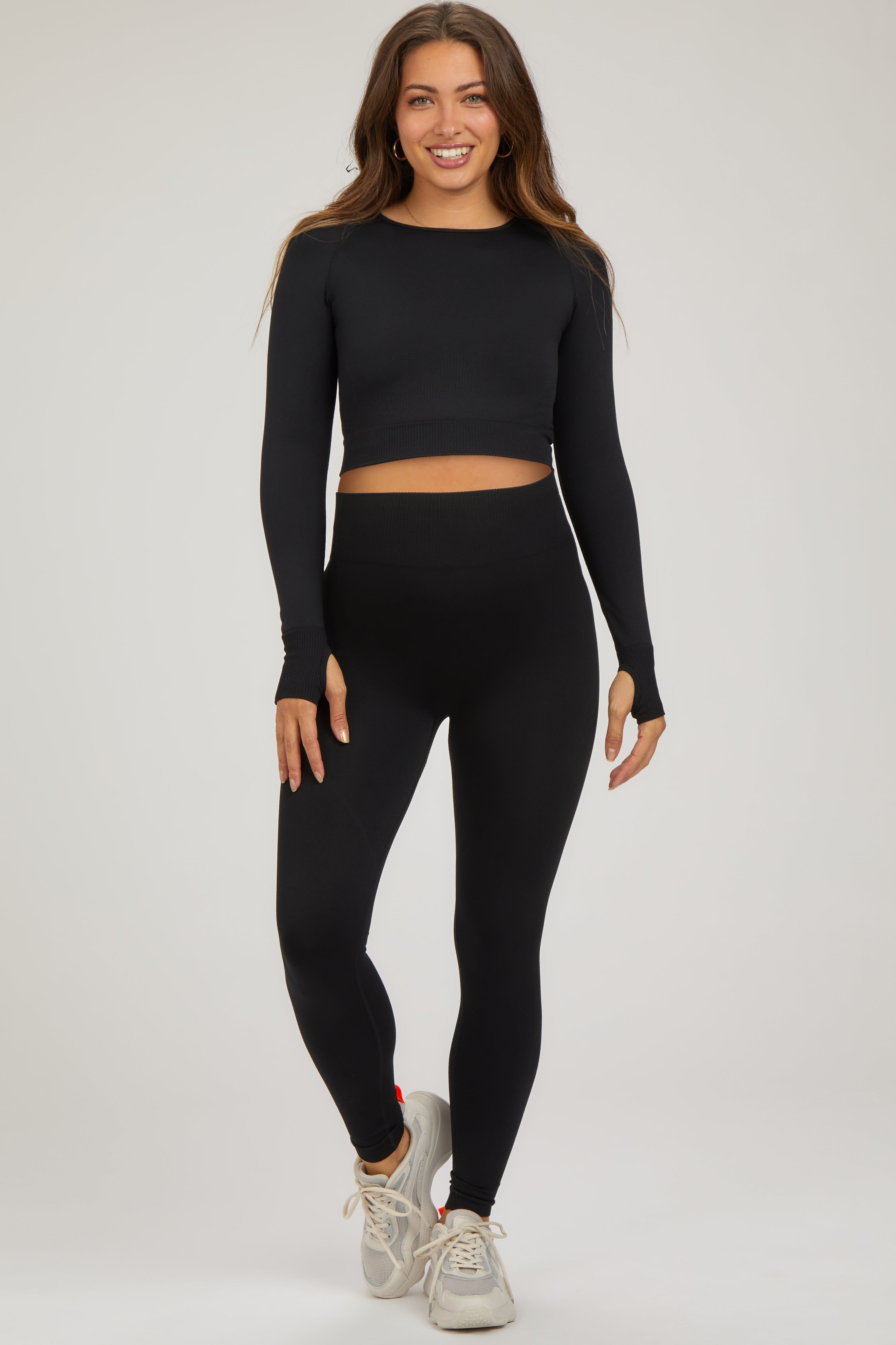 Black Cropped Long Sleeve Maternity Active Set sold by Pinkblush