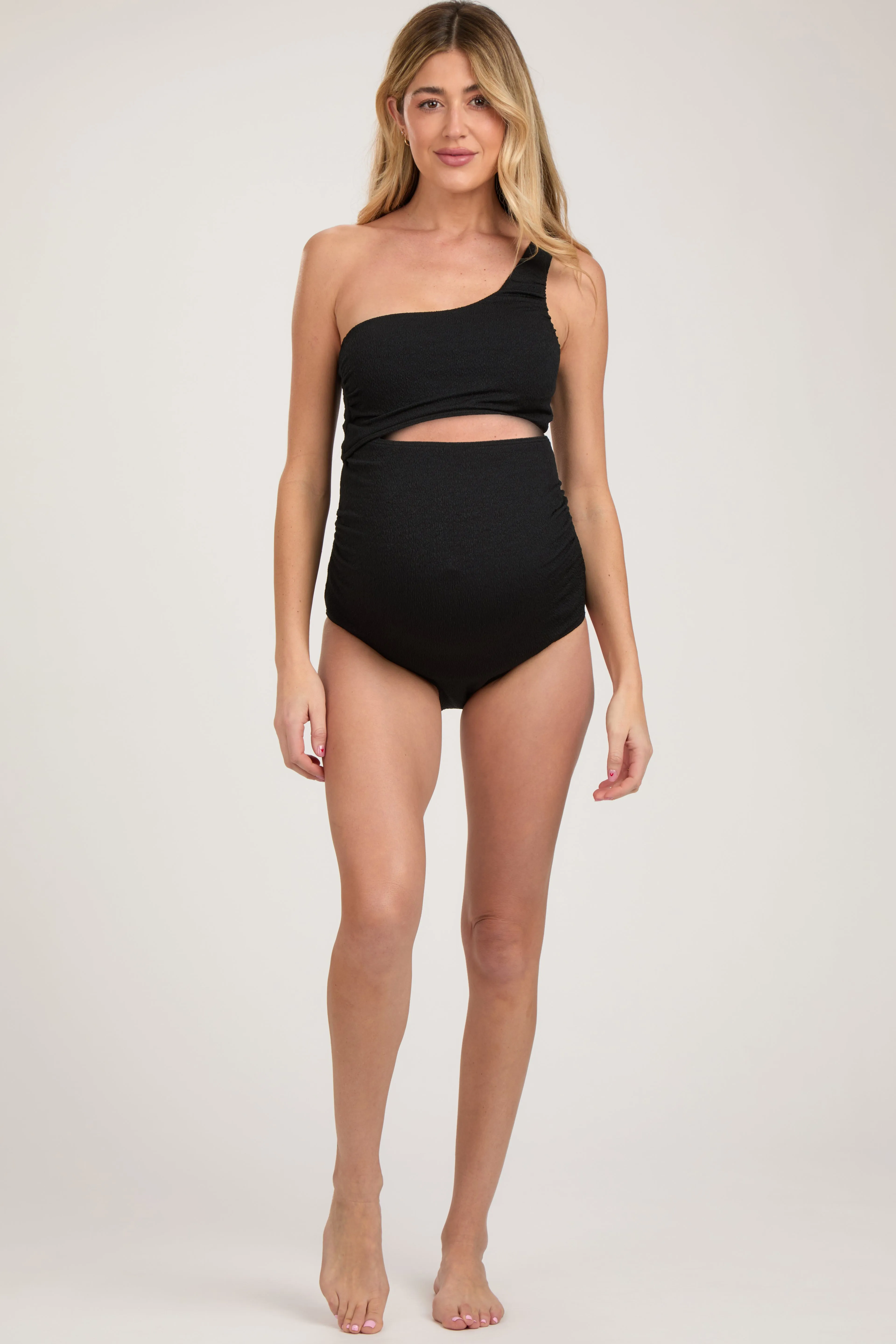Black Asymmetrical One Shoulder Side Cutout One-Piece Maternity Swimsuit sold by Pinkblush product image thumbnail 2