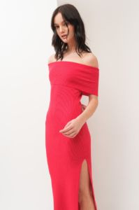 Red Off Shoulder Midi Dress sold by Pinkblush