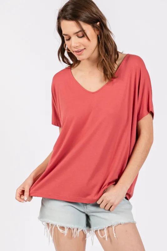 Rust Short Dolman Sleeve V-Neck Top sold by Pinkblush