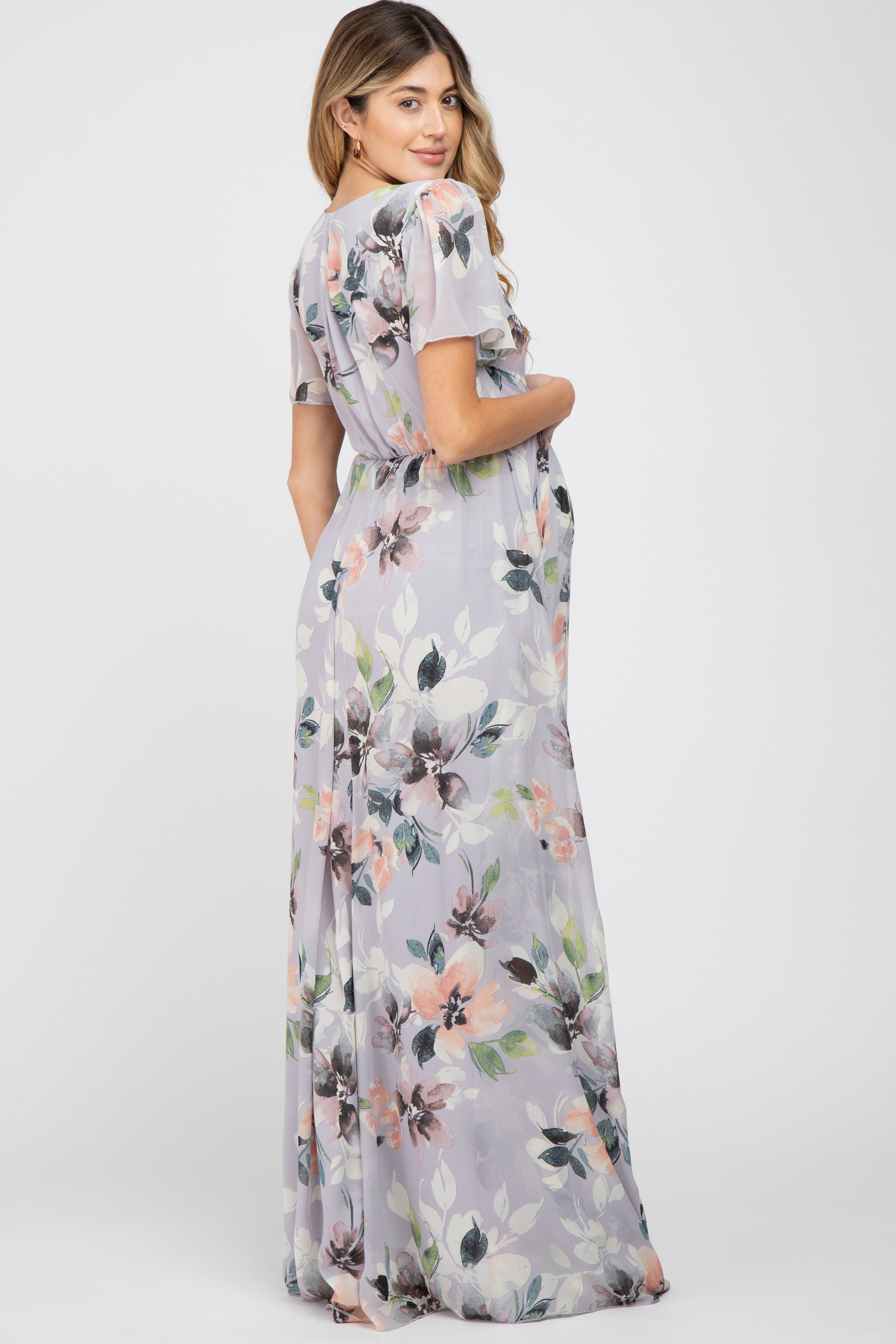 Lavender Floral Chiffon Short Sleeve Side Slit Maternity Maxi Dress sold by Pinkblush product image thumbnail 3