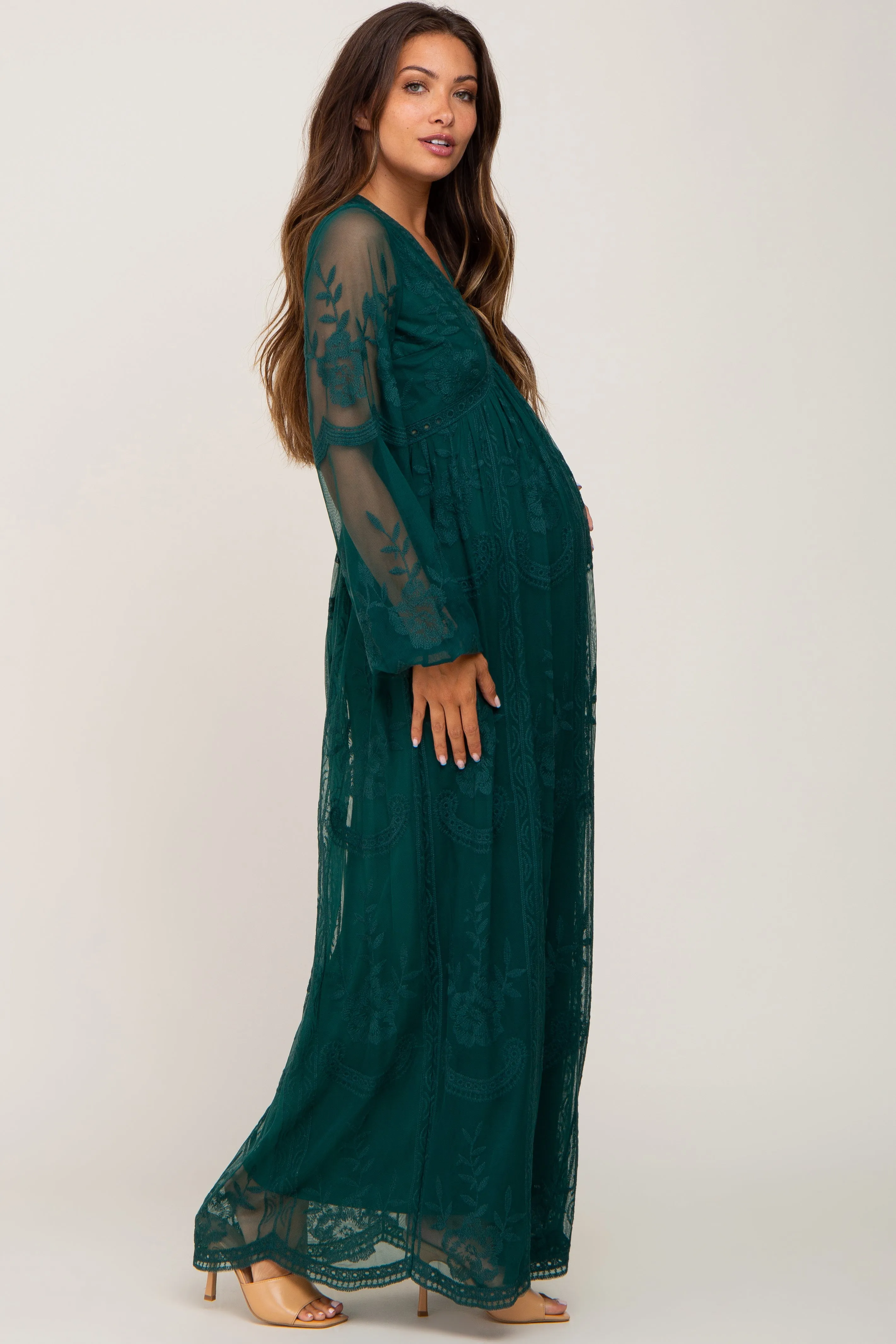 PinkBlush Forest Green Lace Mesh Overlay Long Sleeve Maternity Maxi Dress sold by Pinkblush product image thumbnail 2