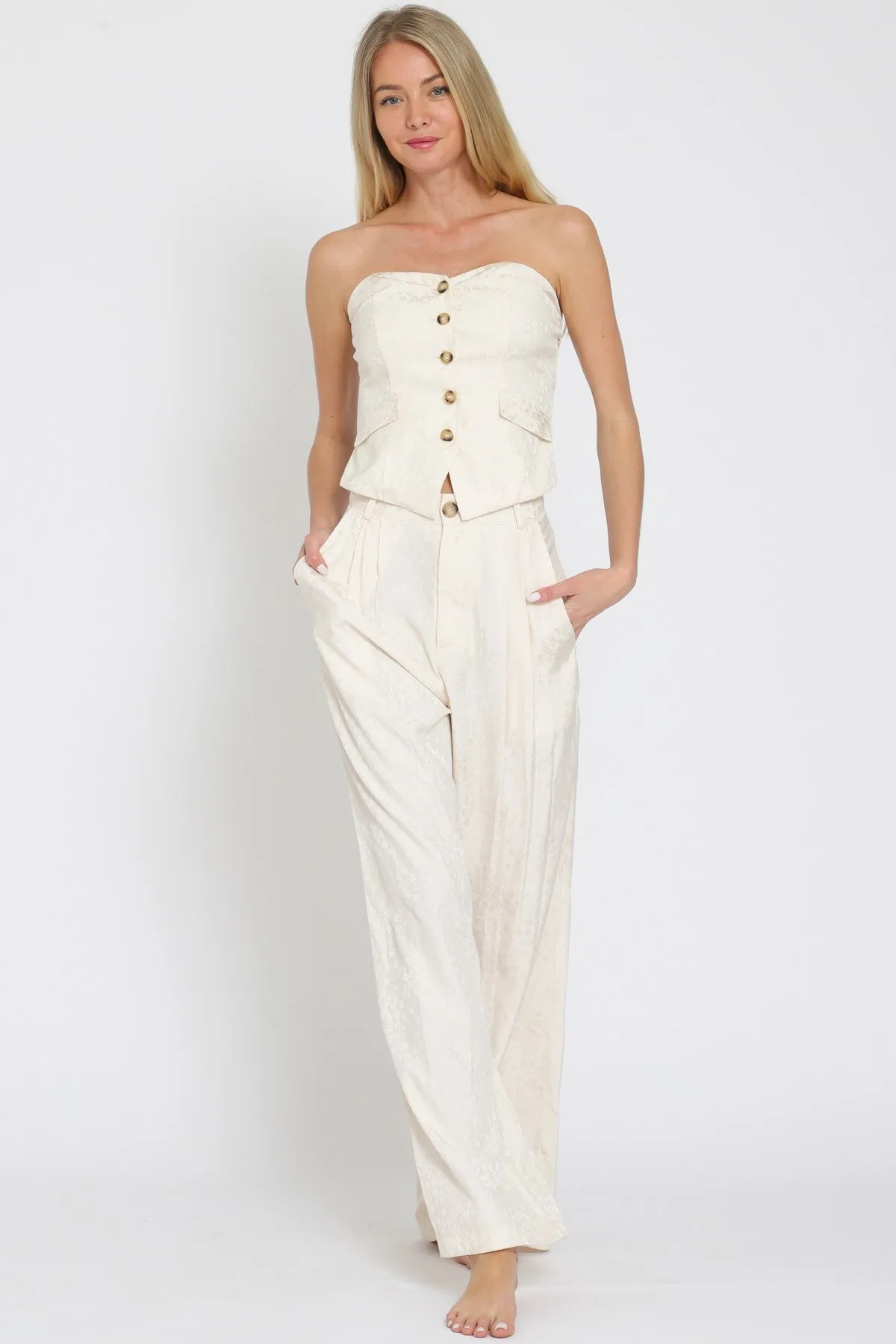 Ivory Beige Tube Vest And High Waisted Satin Long Pants Set sold by Pinkblush product image thumbnail 2