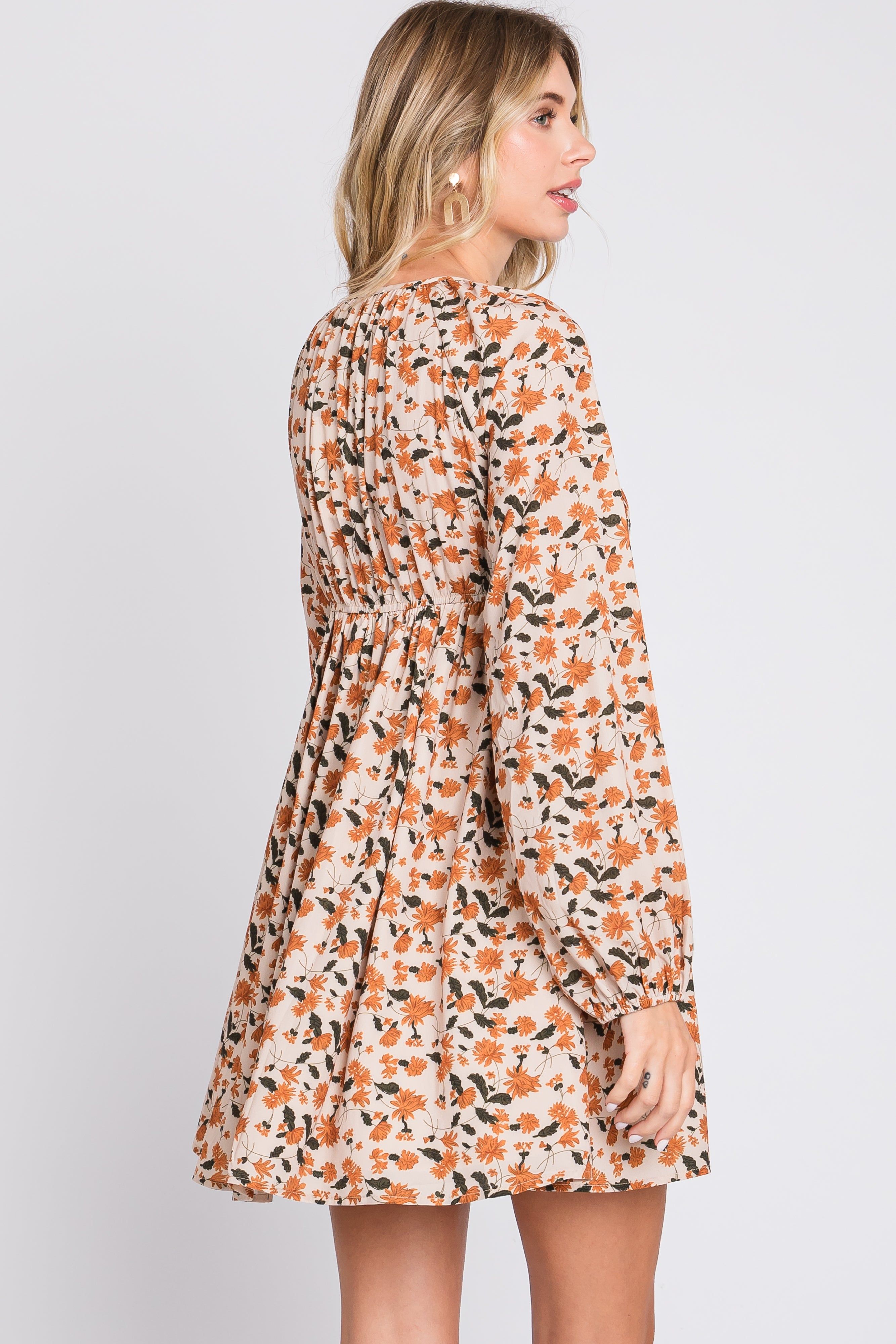 Cream Floral Smocked Deep V-Neck Dress sold by Pinkblush product image thumbnail 2