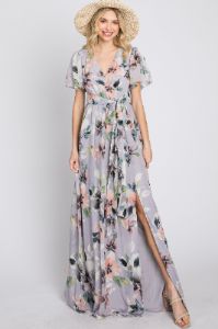 Lavender Floral Chiffon Short Sleeve Side Slit Maternity Maxi Dress sold by Pinkblush