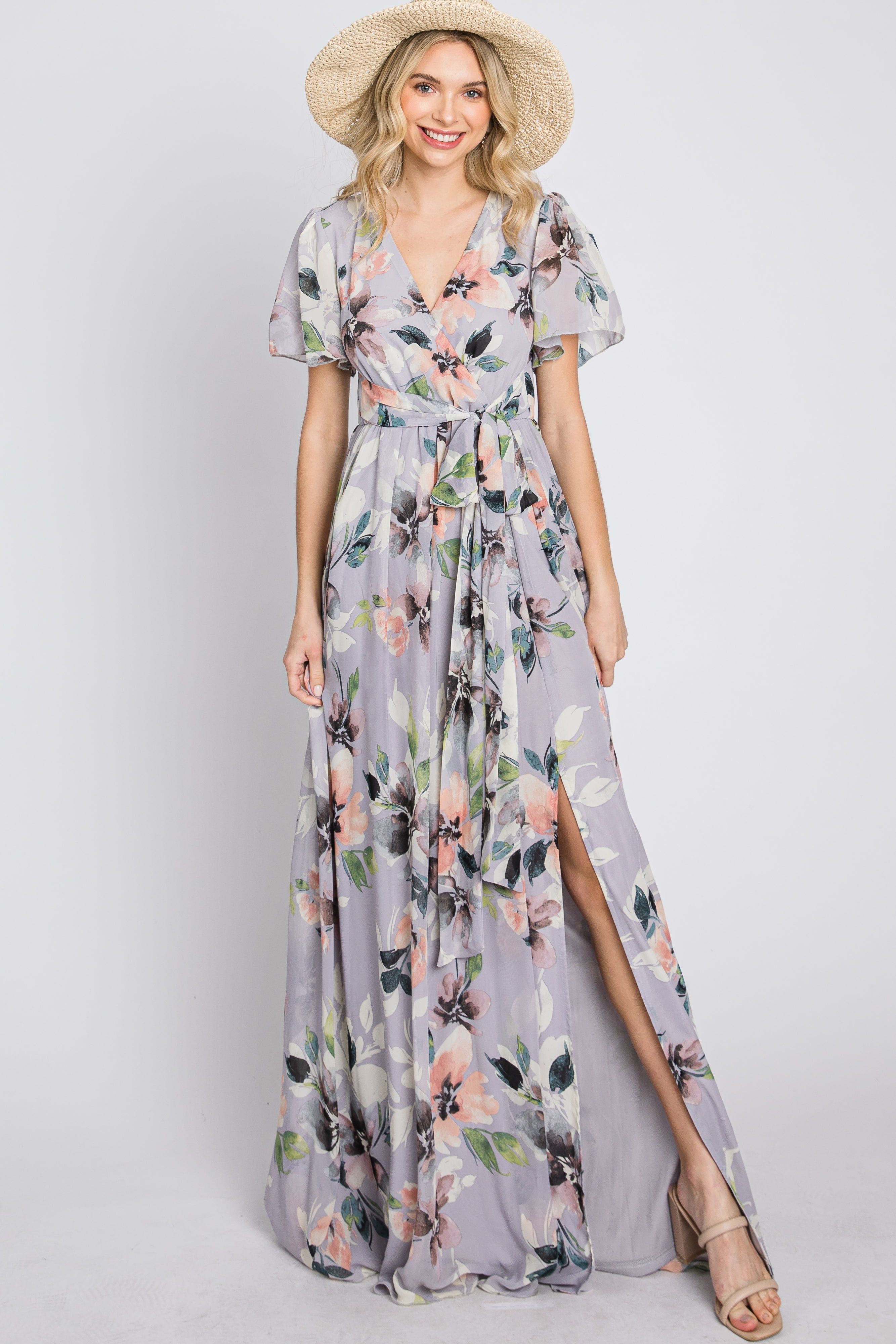 Lavender Floral Chiffon Short Sleeve Side Slit Maternity Maxi Dress sold by Pinkblush product image thumbnail 4