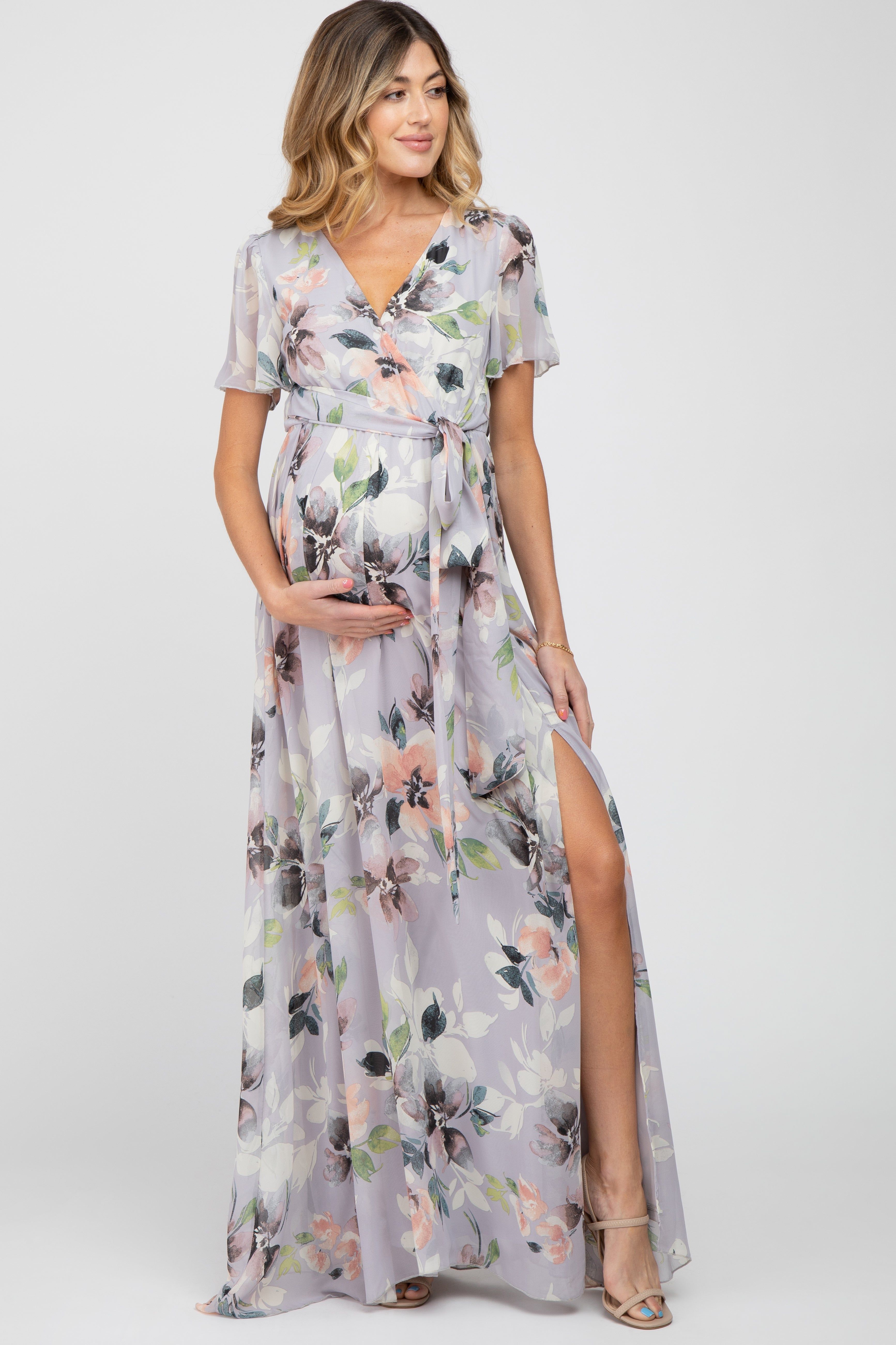 Lavender Floral Chiffon Short Sleeve Side Slit Maternity Maxi Dress sold by Pinkblush