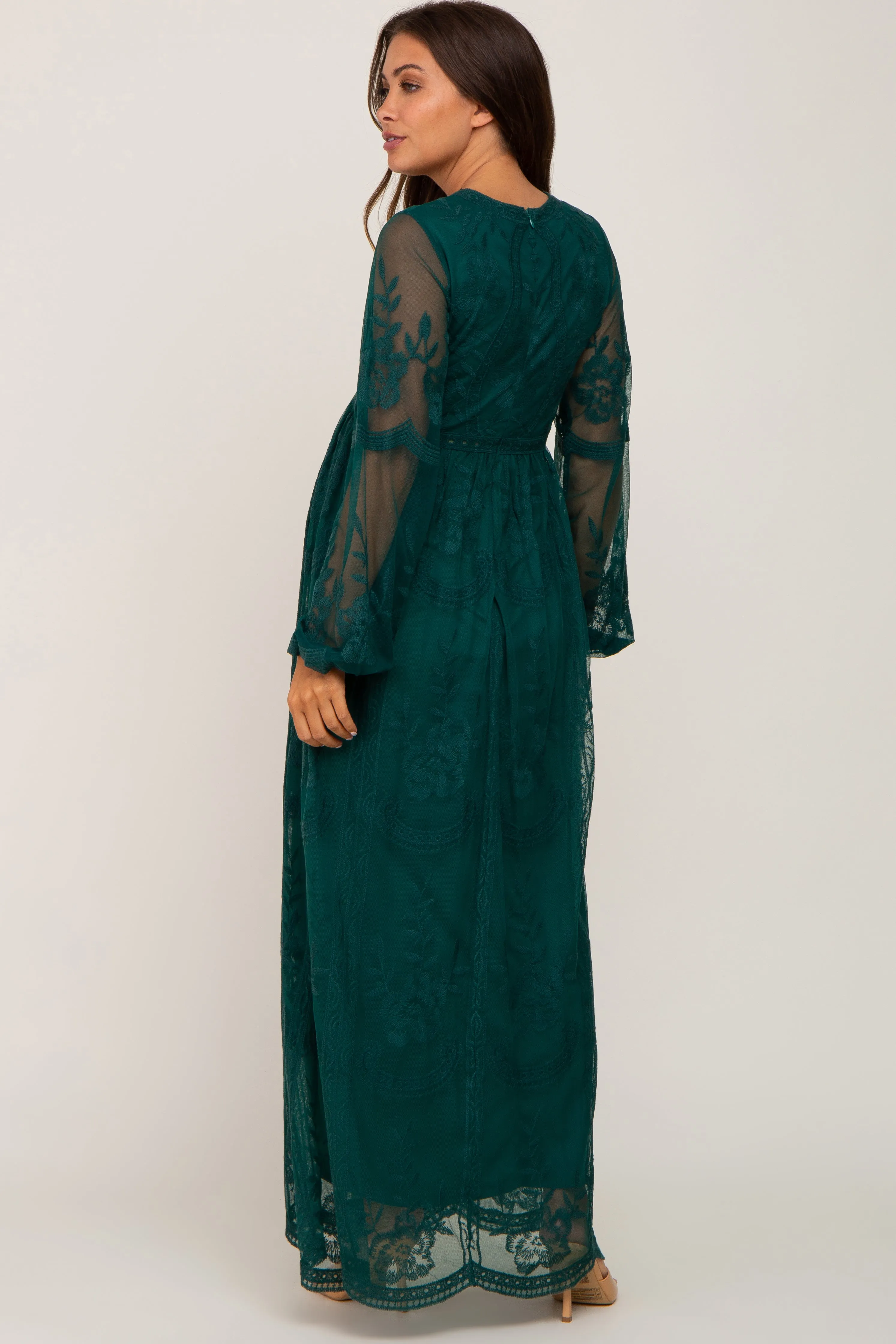 PinkBlush Forest Green Lace Mesh Overlay Long Sleeve Maternity Maxi Dress sold by Pinkblush product image thumbnail 3