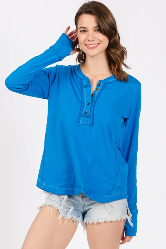 Blue Long Sleeve Exposed Seam Top sold by Pinkblush