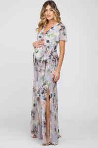 Lavender Floral Chiffon Short Sleeve Side Slit Maternity Maxi Dress sold by Pinkblush