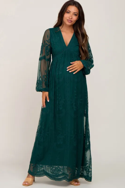 PinkBlush Forest Green Lace Mesh Overlay Long Sleeve Maternity Maxi Dress sold by Pinkblush