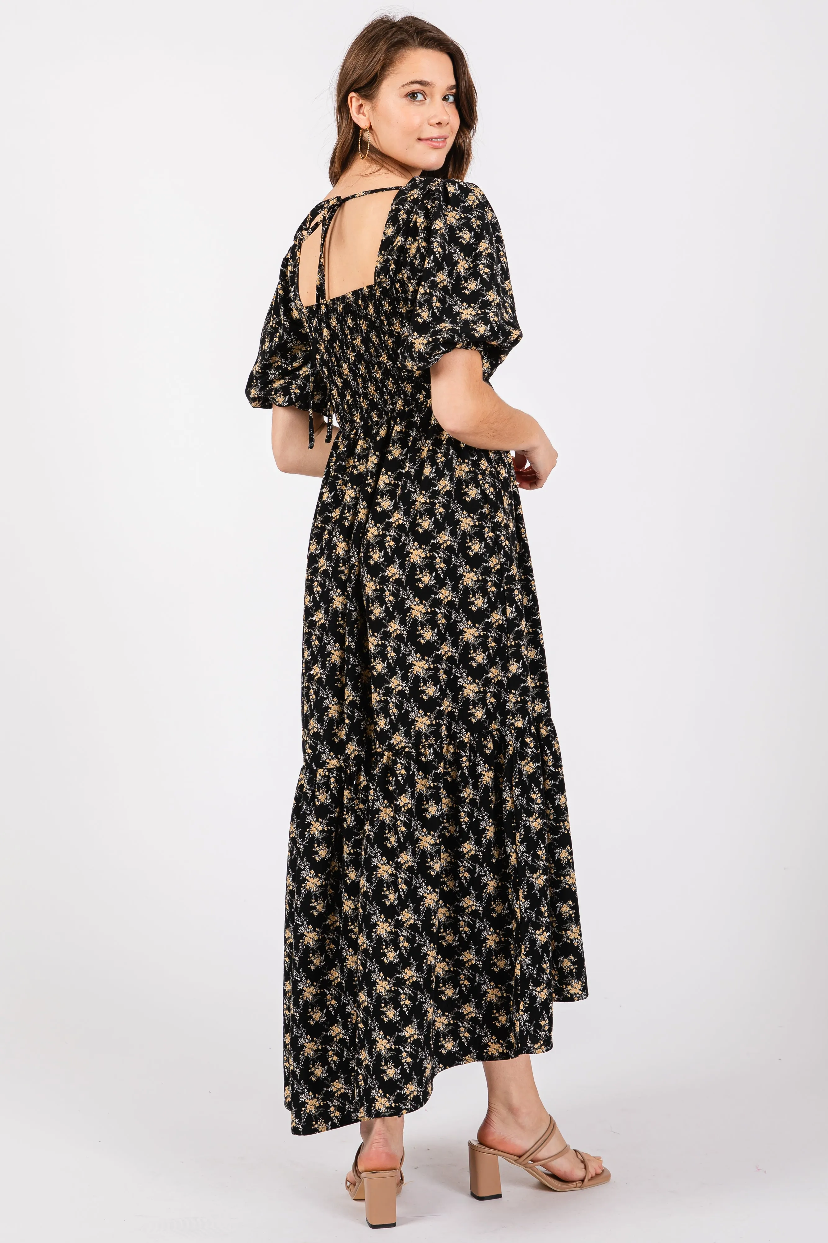 Black Floral Smocked Square Neck Short Puff Sleeve Midi Dress sold by Pinkblush product image thumbnail 4
