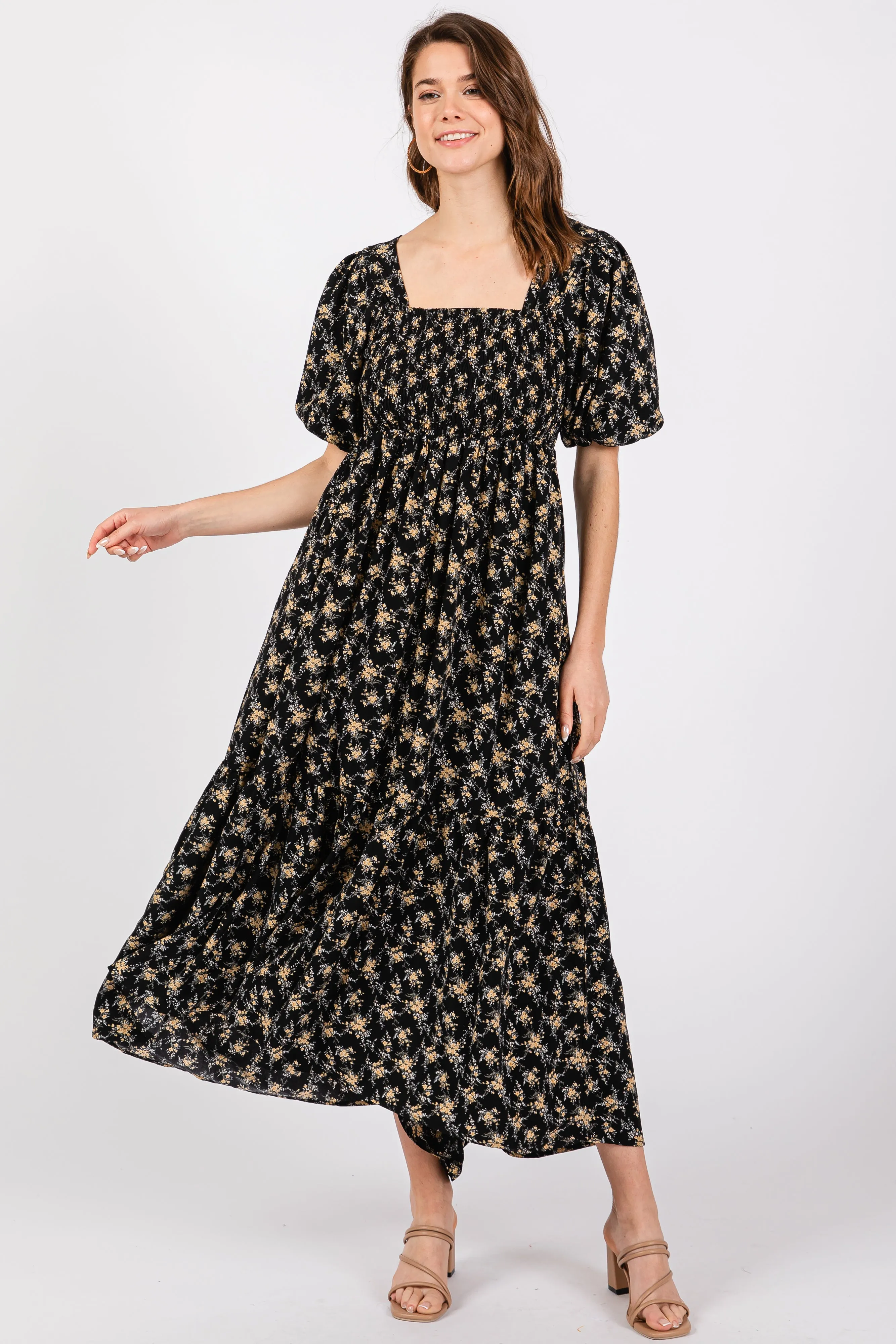 Black Floral Smocked Square Neck Short Puff Sleeve Midi Dress sold by Pinkblush