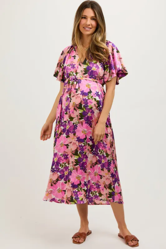 Violet Floral V-Neck Short Puff Sleeve Tie Waist Satin Maternity Midi Dress sold by Pinkblush