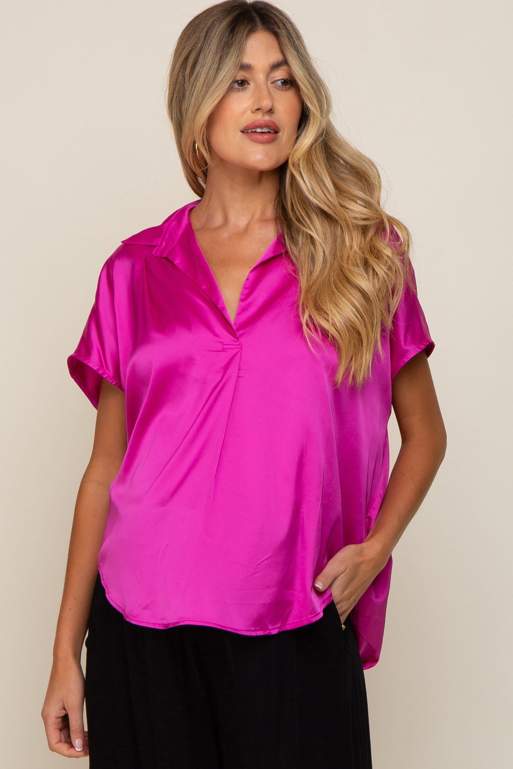 Magenta Satin Collared Maternity Top sold by Pinkblush