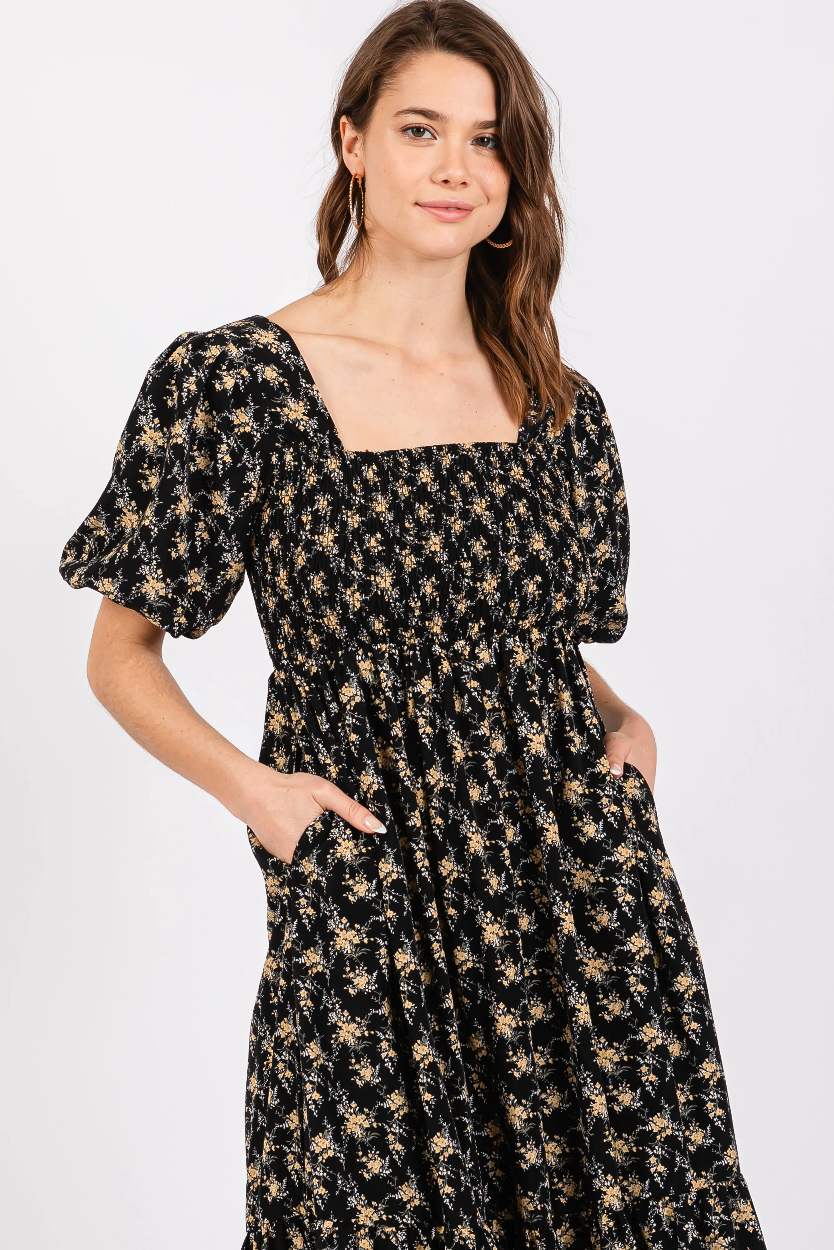 Black Floral Smocked Square Neck Short Puff Sleeve Midi Dress sold by Pinkblush product image thumbnail 5