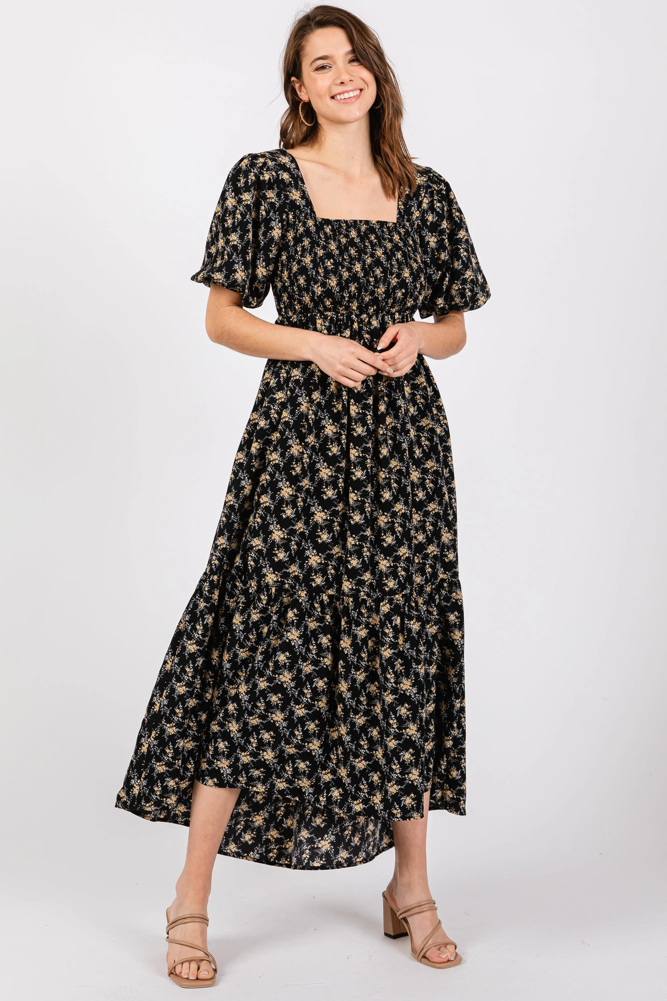Black Floral Smocked Square Neck Short Puff Sleeve Midi Dress sold by Pinkblush product image thumbnail 2