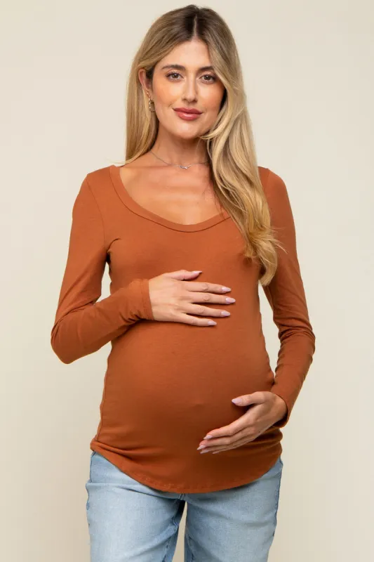 Rust Basic Long Sleeve Maternity Top sold by Pinkblush