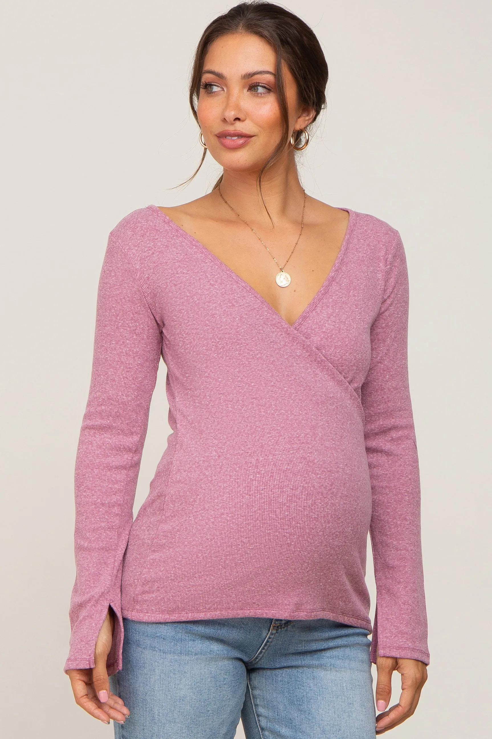 Mauve Ribbed Long Sleeve Wrap Maternity Nursing Top sold by Pinkblush
