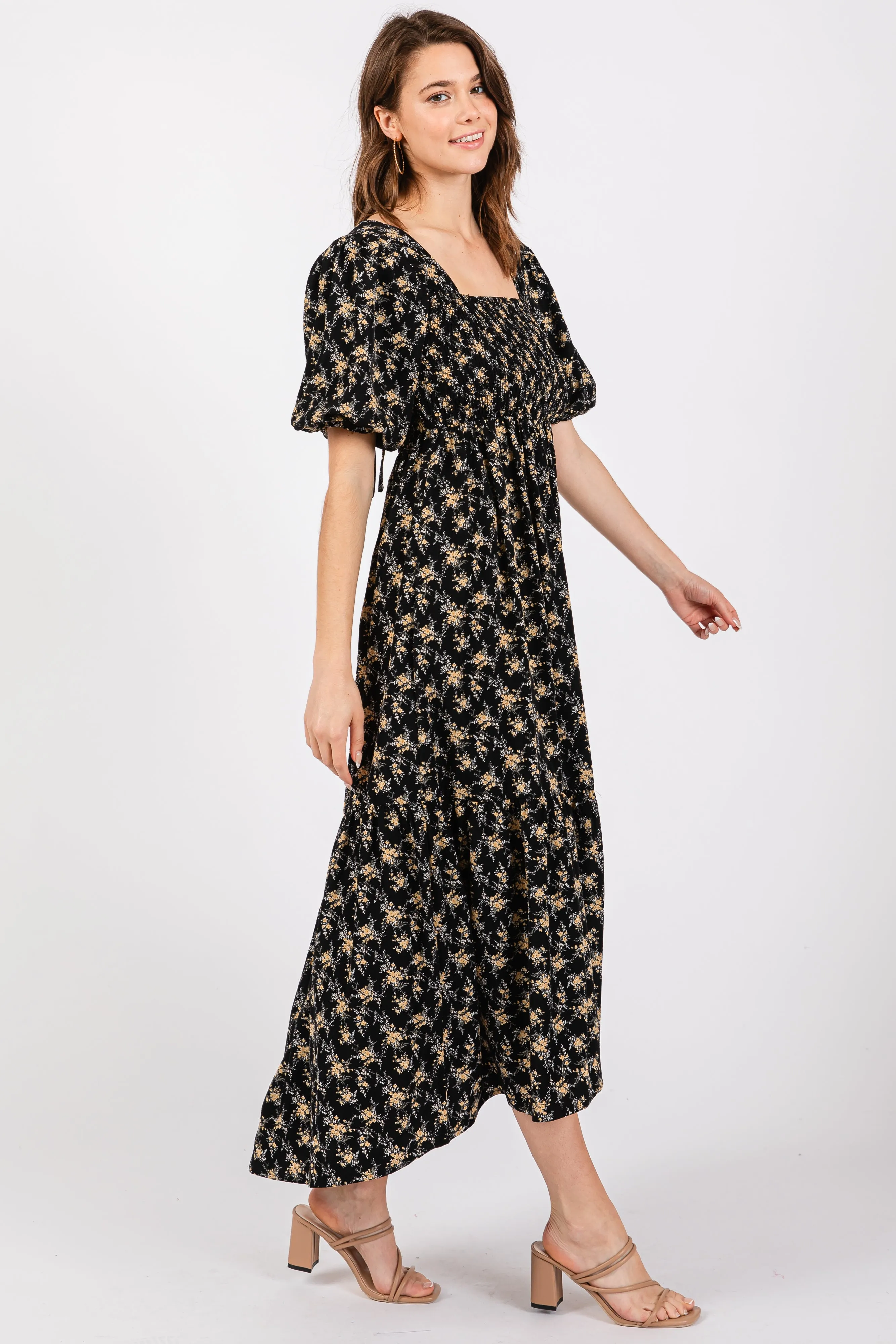 Black Floral Smocked Square Neck Short Puff Sleeve Midi Dress sold by Pinkblush product image thumbnail 3